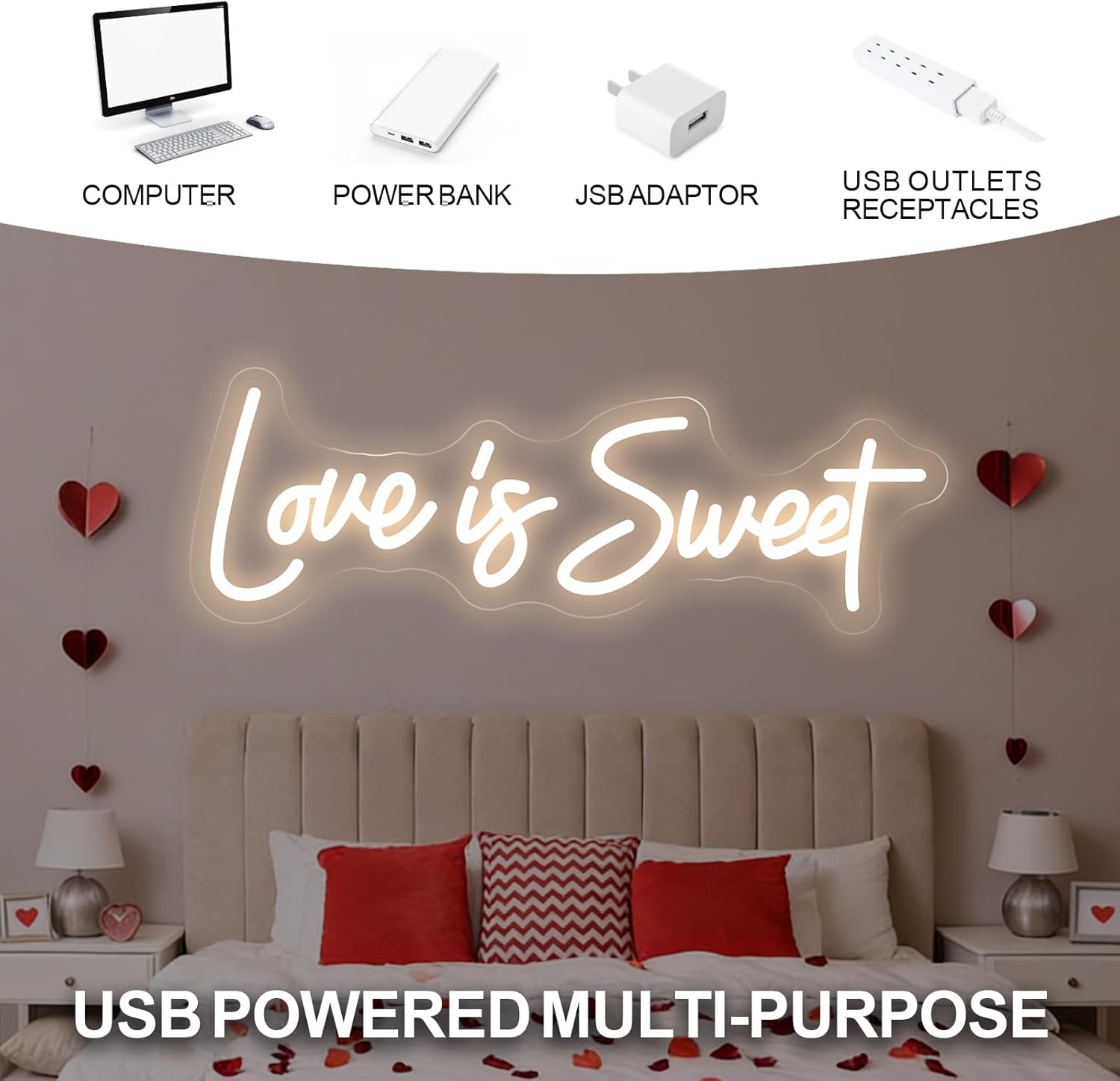 Love is Sweet Neon Sign, Warm White Romantic LED Wall Light for Bedroom, Valentine's Day Gift, Lover Valentine Decor, Romantic Home Decor, Couple Space, Anniversary 16.5″ × 5.8″