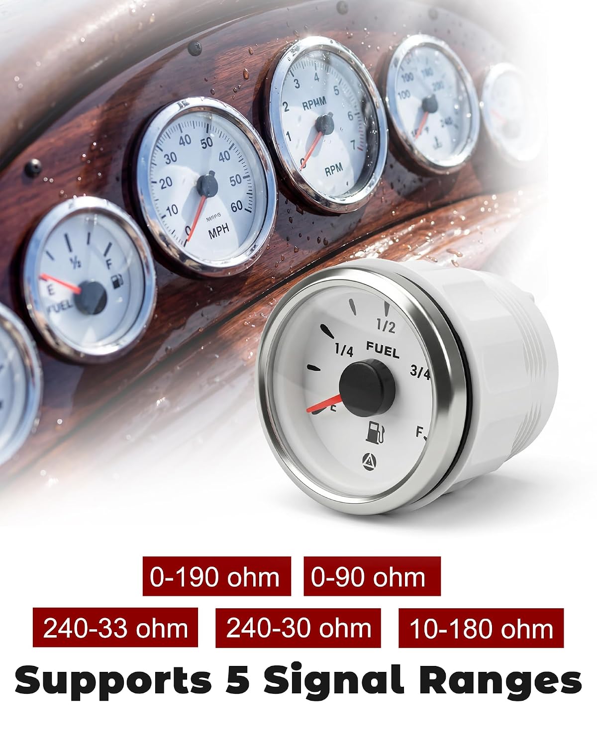 0-90 ohm Fuel Gauge 2-1/16", IP67 Waterproof, 8-Color Backlight, White | 0-90/10-180/240-33/0-190/240-30 ohm for Boats, Trucks, RVs, Cars, ATV, Motorcycles, Silver Bezel, White Dial