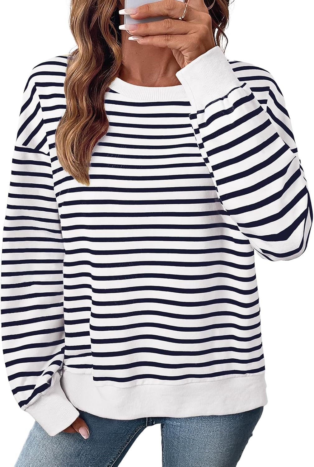 SHEWIN Oversized Sweatshirt for Women Crewneck Striped Shirt Long Sleeve Tops Pullover Womens Fall Fashion 2025