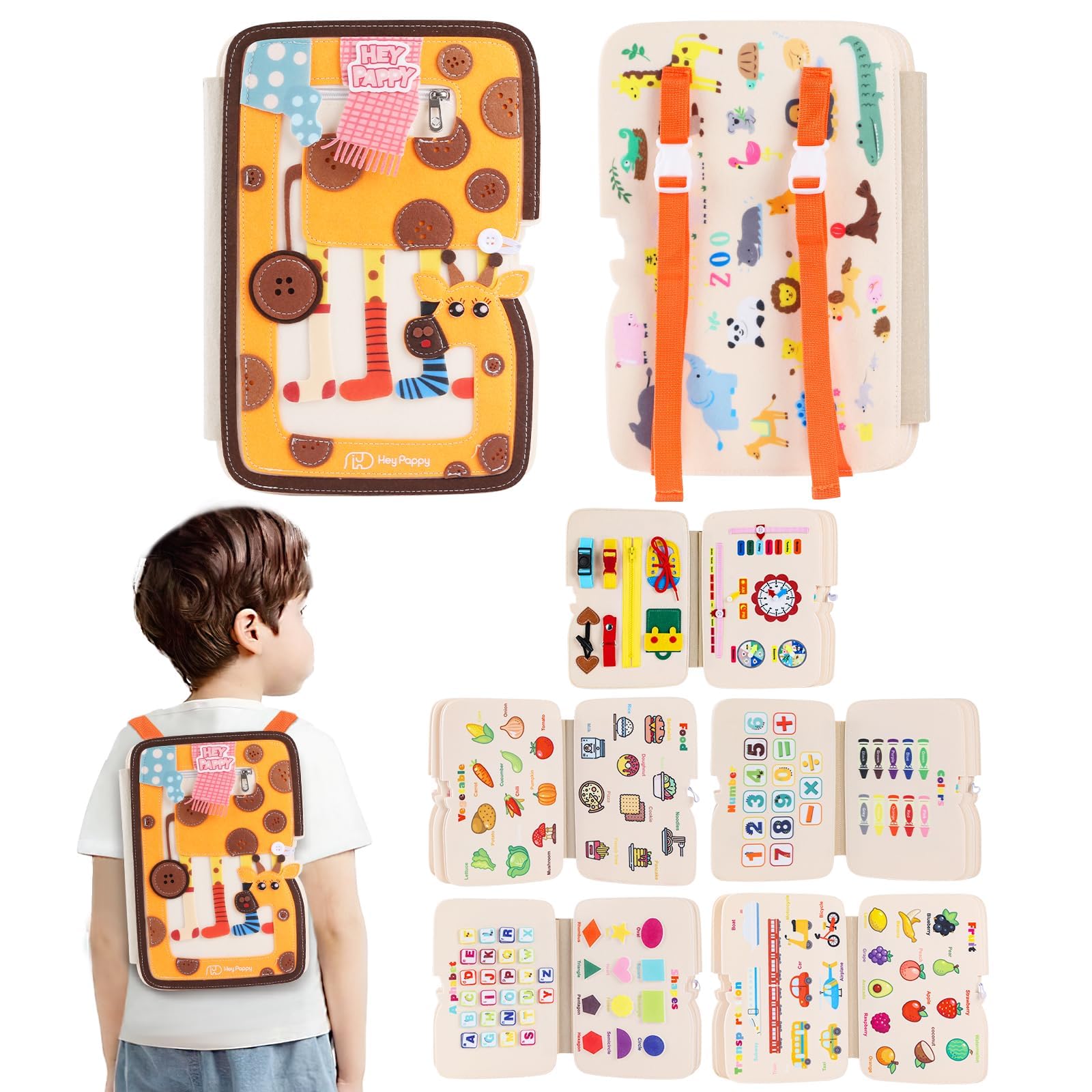 Heypappy Busy Board,12 in 1 Montessori Busy Board Feltro,Montessori Didattici Libro Sensoriale Educativo, Giocattolo per Abilità Motorie con Cintura Zaino Regalo Bambino Compleanno Natale