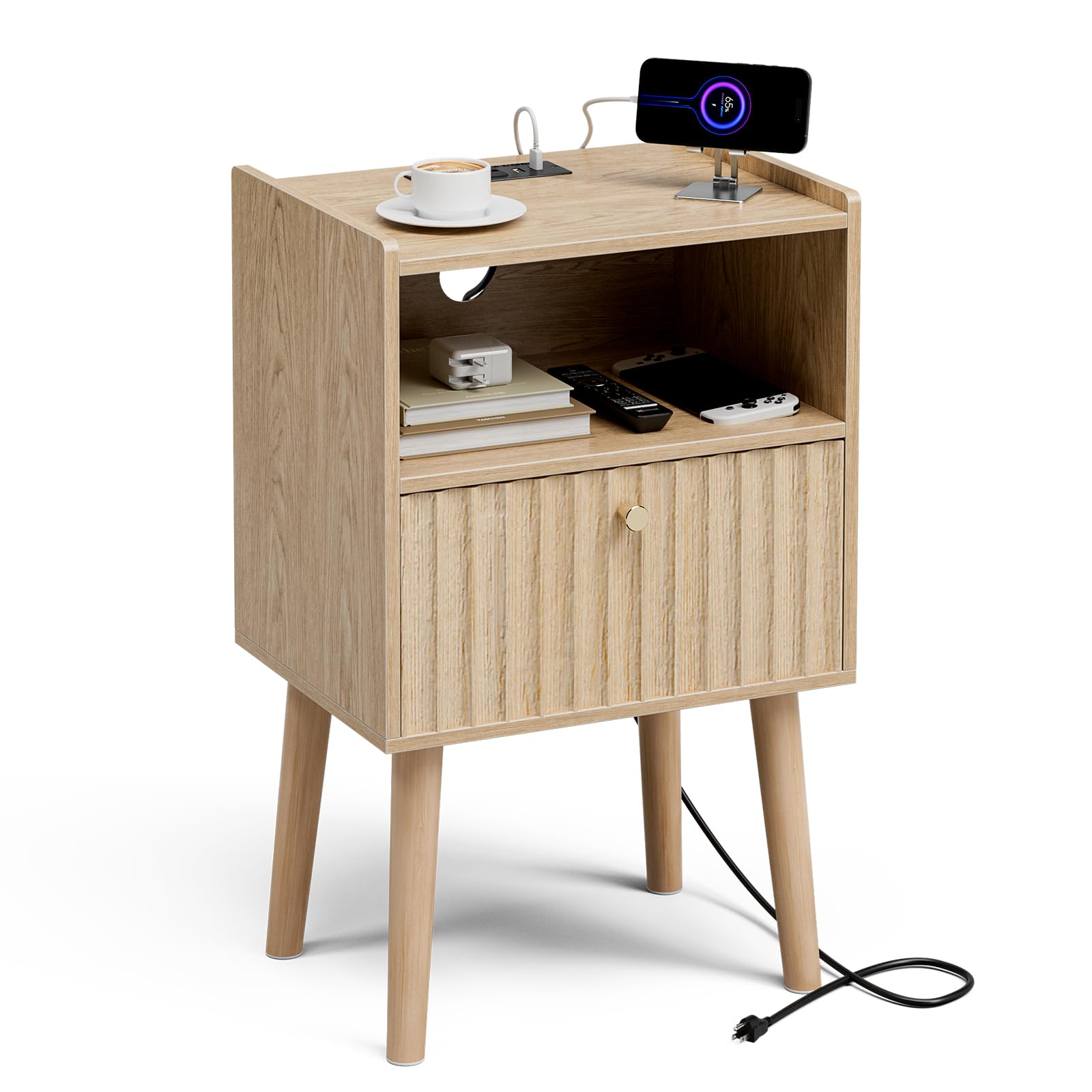 Side Table with Charging Station, Modern End Table with Fluted Drawer, Bedside Table, Night Stand with 2 Tiers Storage Space, for Bedroom, Living Room, Oak