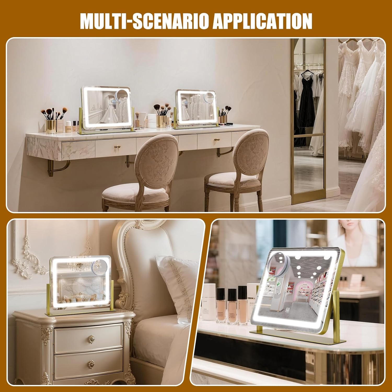 Vanity Mirror with Lights, 16"×12.4" LED Makeup Mirror, Rounded Frame, 10X Magnification, Smart Touch with 3-Color Lighting, Dimmable, 360° Rotation, Lighted Up for Makeup Desk, Bedroom (Gold)