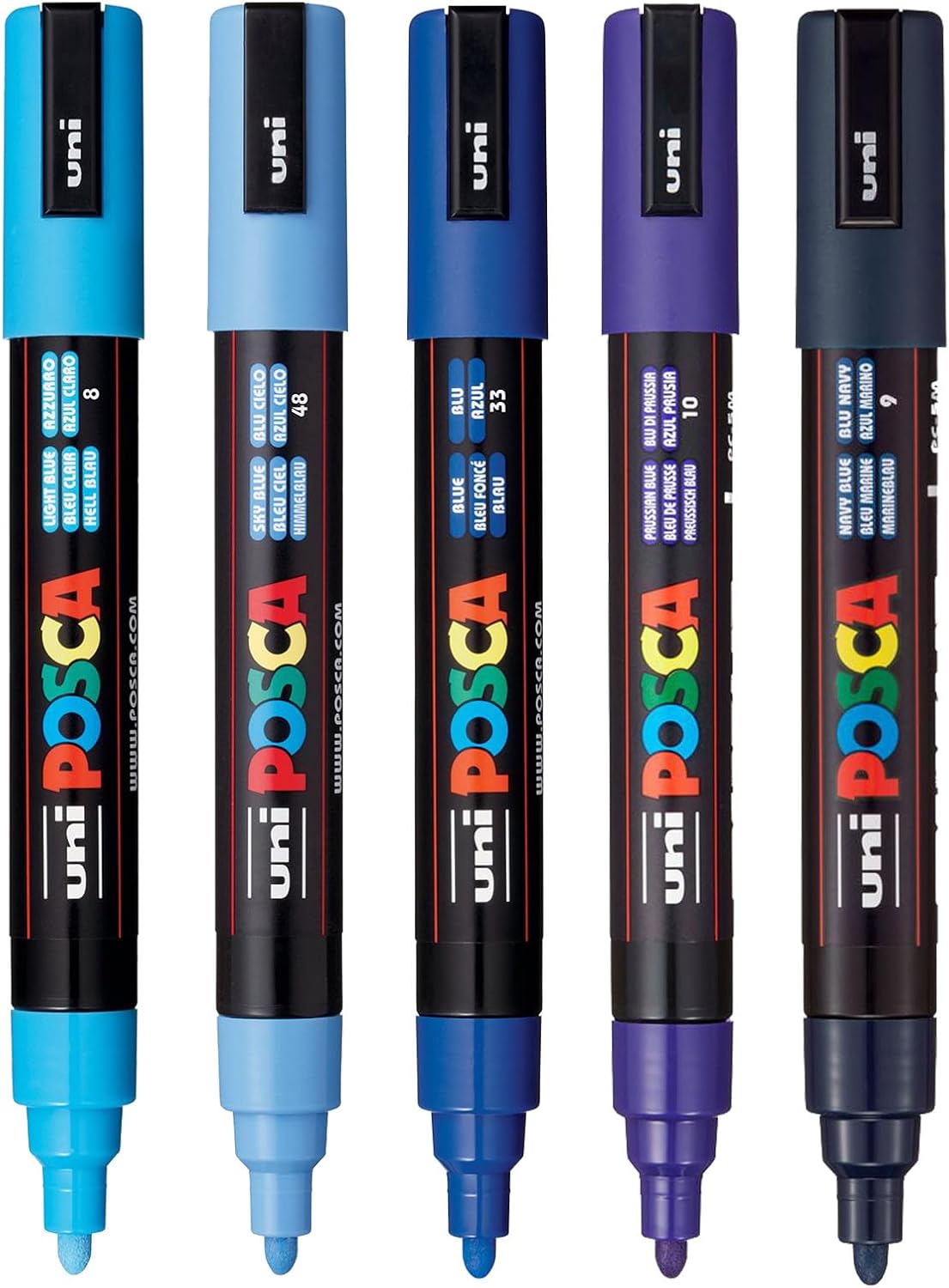 posca Paint Art Markers, Set of 5 5M Medium Markers with Reversible Tips, Blue Collection
