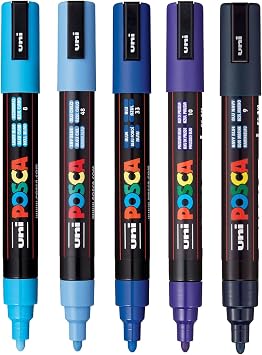 posca Paint Art Markers, Set of 5 5M Medium Markers with Reversible Tips, Blue Collection