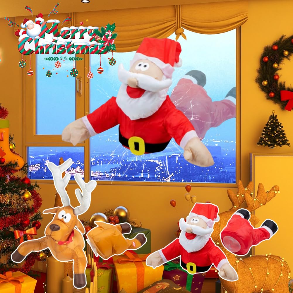 Décoration Noël Animée Pères Noël et Rennes S'écrasant sur Fenêtre avec Autocollant Vitre Cassée et Animation (2 pièces)
