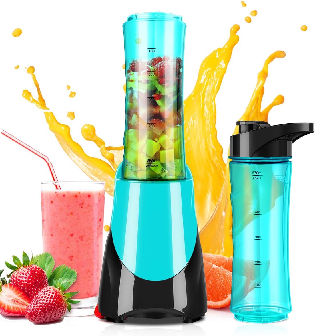 Personal Blender for Shakes and Smoothies, Powerful 300W(24,000RMP) 4 Sharp Blades, Sport Blender Single Serve with 20 oz Portable Sport Bottle, Blue