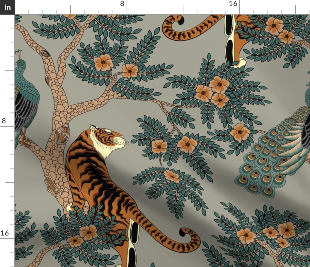 Spoonflower Fabric - Tiger Chinoiserie Bengal Peacock Asian Inspired Brown Romantic Floral Printed on Petal Cotton Fabric Fat Quarter - Sewing Quilting Apparel Crafts Decor