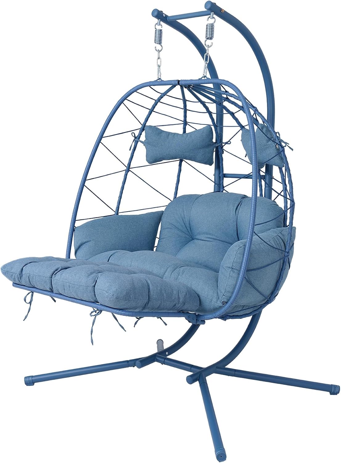 Double Outdoor Egg Chair with Stand, 2 Person Hanging Egg Chair with Adjustable Footrest Outdoor Indoor, Oversized Wicker Hammock Swing Chair with Thickened Cushions, 660Lbs, Blue