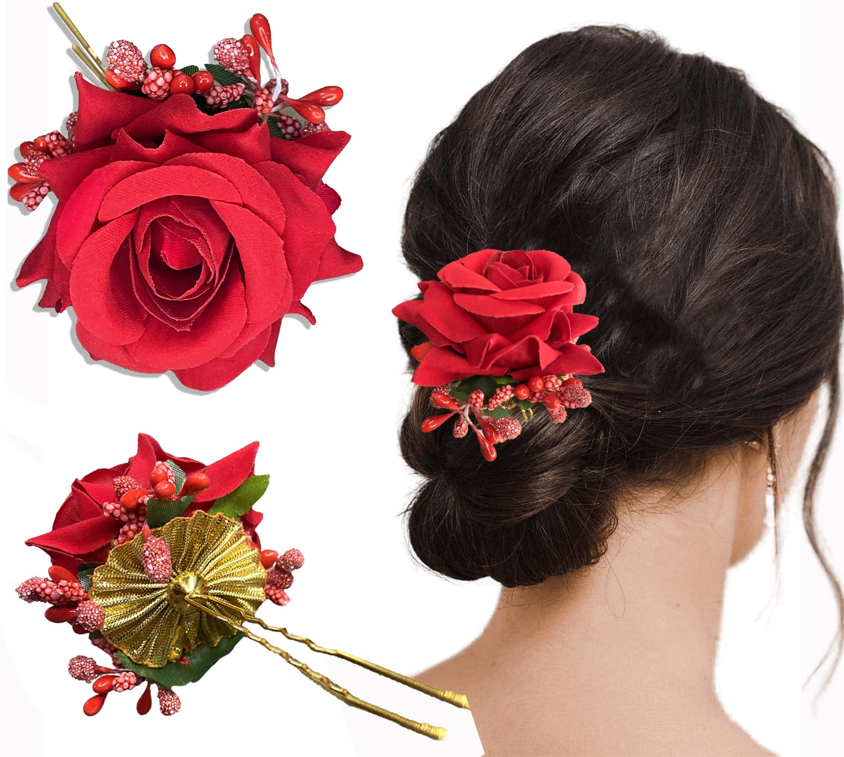 TEMPERIA (2pcs) Hair Accessories For Women & Girls - Stylish Red Rose Artificial Flowers Bun Juda U Pins & Clips for Style & Decoration - Bridal Brooch & Braid for Hairstyle of Bride, Wedding & Party