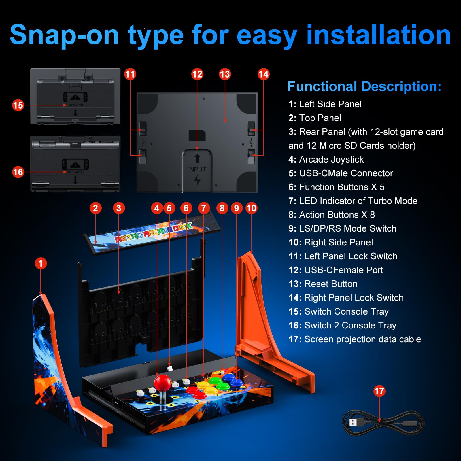 Retro Arcade Machine for Switch/OLED/Switch 2, Portable Arcade Cabinet with Joystick & Turbo Function, 12 Game Card Slots, Plug & Play Table Console Stand, Include a Screen-Casting Cable