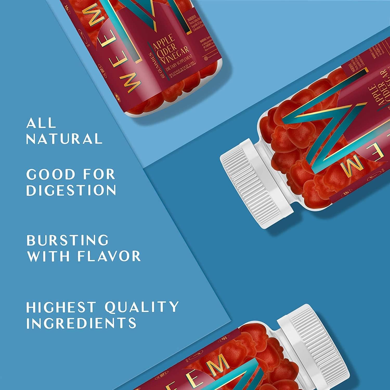 WEEM Apple Cider Vinegar Gummies - Natural, Vegan ACV with Folic Acid- Gluten Free - Vitamin B12 - Premium Detox & Weight Supplement- Helps Digestion for Women and Men - Image 4