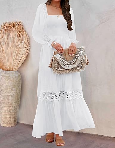 Miniatura 6 de ZESICA Vestido largo bohemio de manga larga con cuello cuadrado fruncido de cintura alta y corte acampanado para mujer