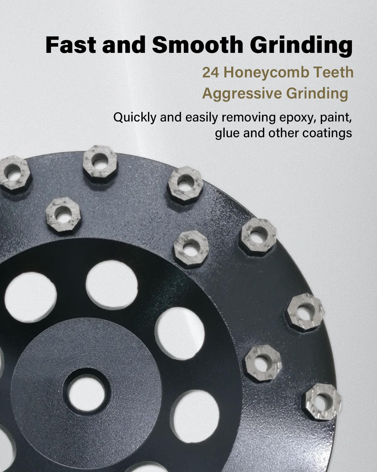 Diamond Grinding Cup Wheel for Hard Concrete Floor, Epoxy Coating Removal, 24 Aggressive Honeycomb Segments, 7 Inch 5/8”-11 Thread, 16/20 Grit