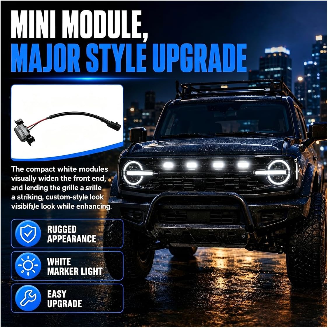 4PCS Car LED Grille Lights with Wiring Harness, Water-Resistant White Automotive Exterior Lamps Replacement, Vehicle Bright LED Front Grill Trim Lights Kit for Cars Trucks(Black)