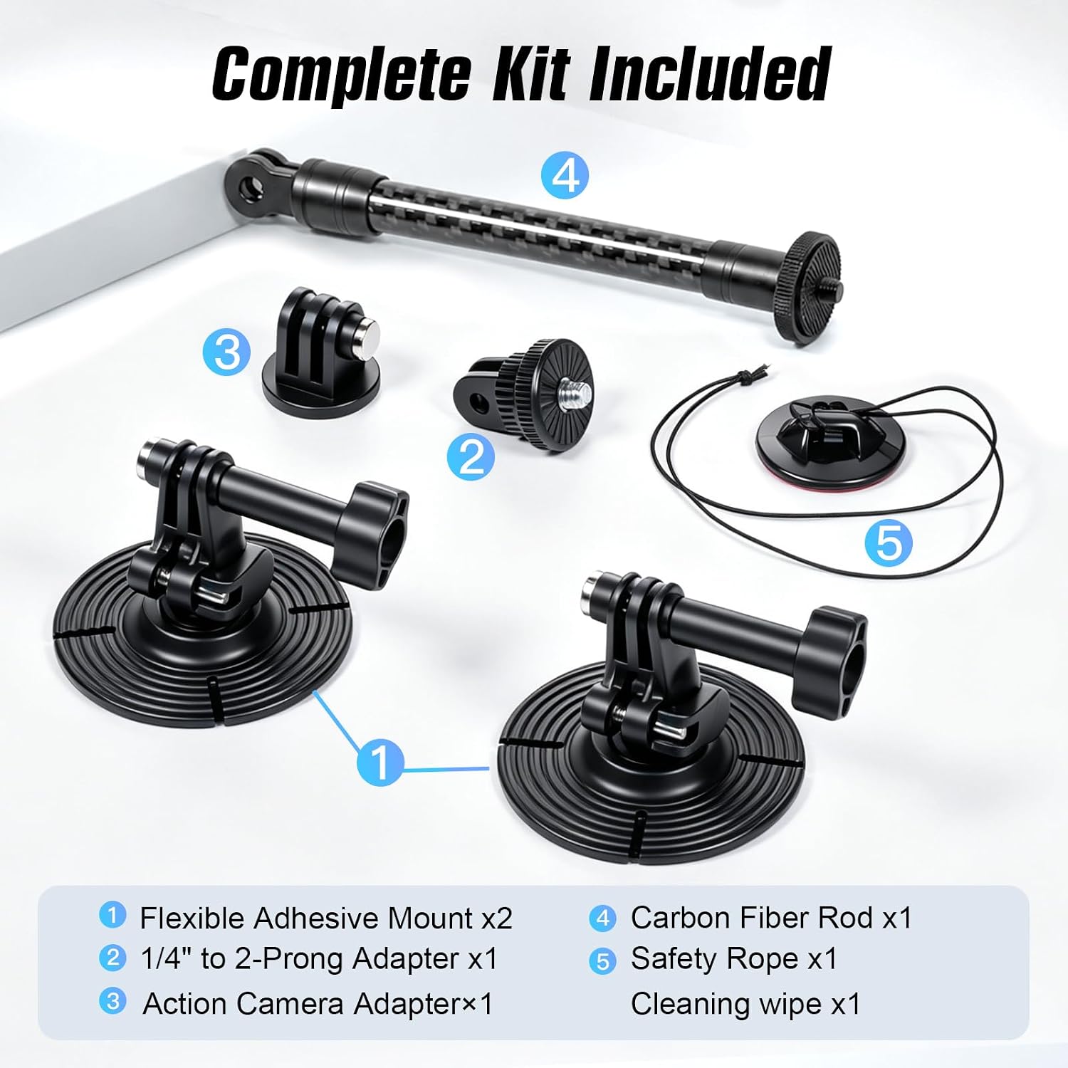 Geyo Flexible Adhesive Helmet Mount, Flat and Curved Action Camera Base | Carbon Fiber Arm, 1/4" Camera Base Adapter, Safety Rope, POV Angle, Compatible with Insta360, GoPro, DJI Action Cameras