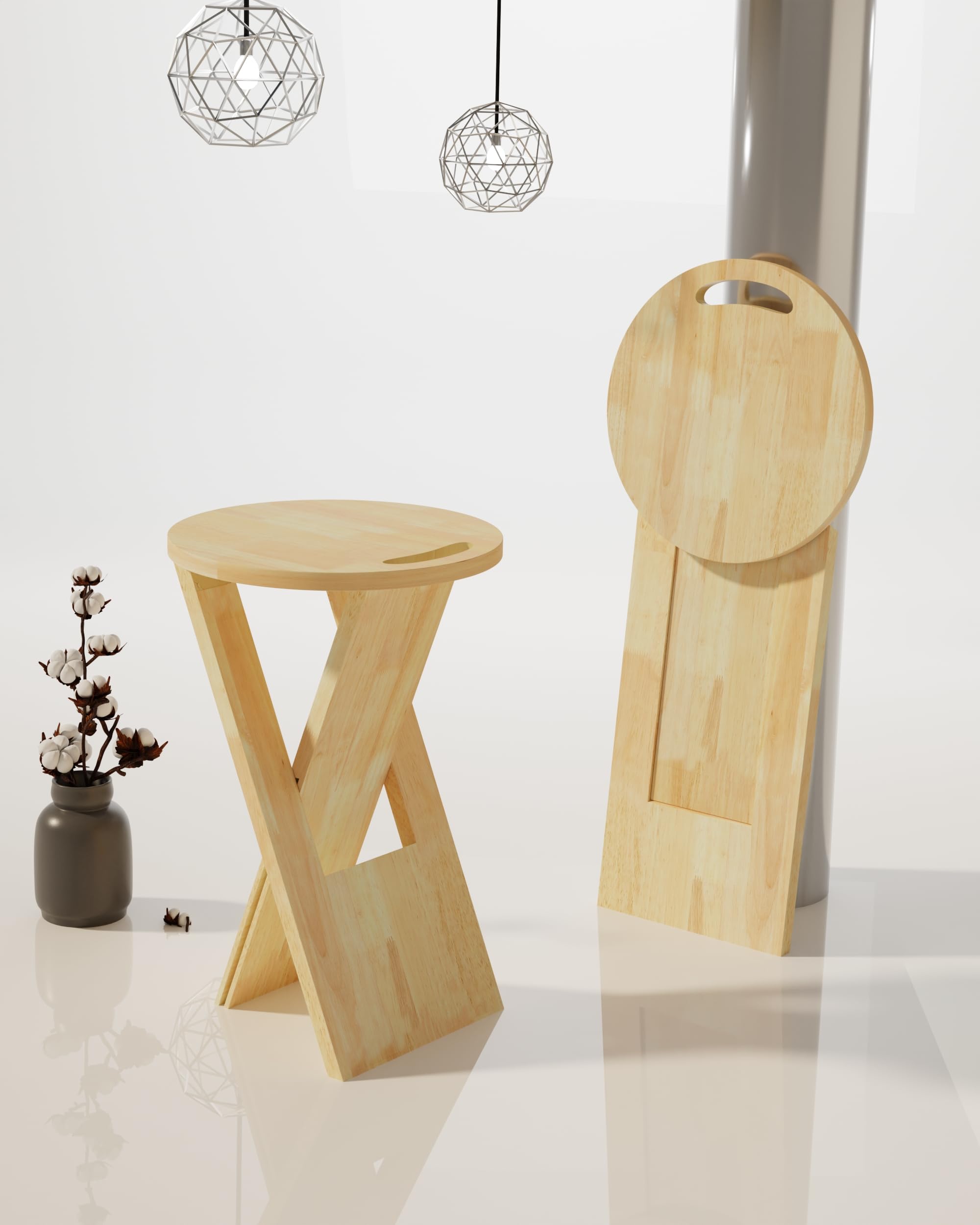 Foldable Stool 12" Round Top, Rubber Wood 18" Patio Side Table Natural Finished, Home Garden Sitting Stool, Vintage Camping Chair, Foldable Chair for Garden and Living Room, Patio Table