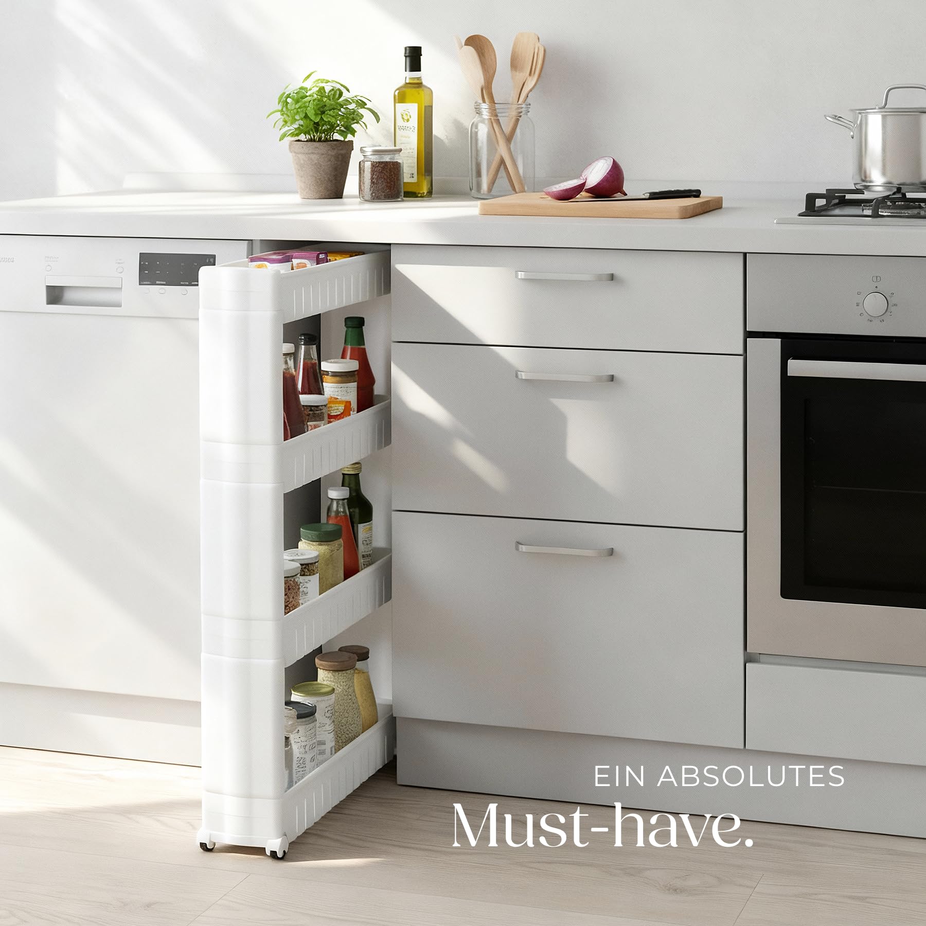 tectake® Nischenregal, Regal schmal 54 x 12 x 101 cm, Nischenschrank mit Rollen, Nischenwagen mit 4 Ebenen, Regal Küche, Küchenwagen, Badezimmerschrank, Beistellschrank, Badmöbel, Badschrank schmal