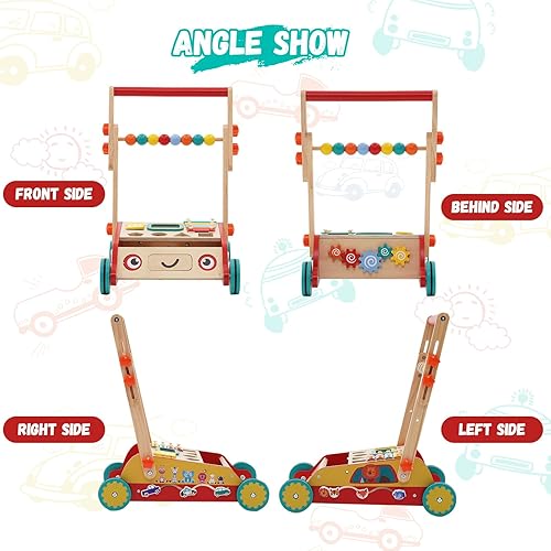 Miniatura 6 de Andador de madera para bebés con centro de actividades de entretenimiento múltiple, caminadores de aprendizaje sentado a pie para niños de 9 meses y