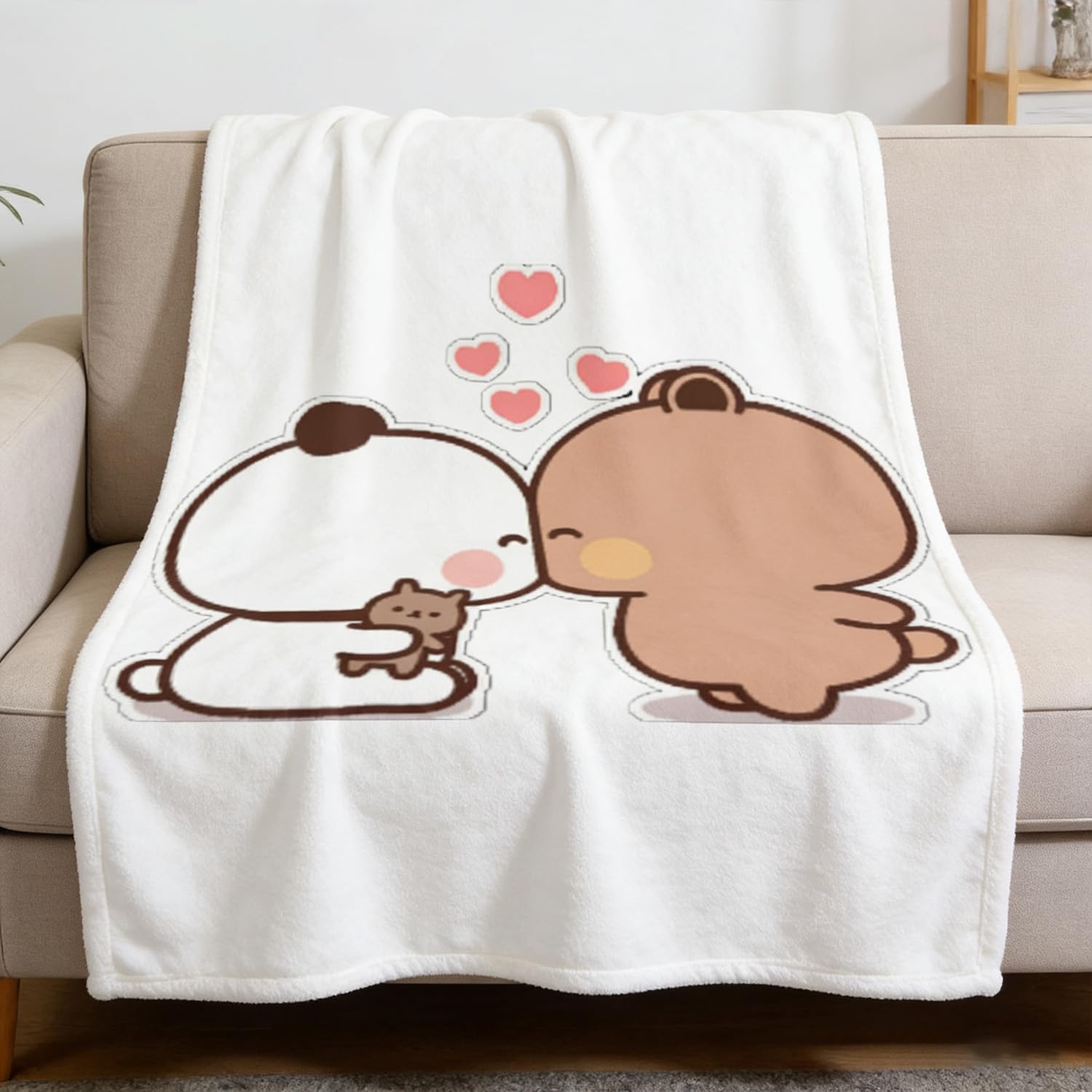 Bubu Dudu Koc z polaru, Koc Bubu i Dudu, 100 x 130 cm, koc z rysunkowym pandem, odporny na zagniecenia, miękki i przyjazny dla skóry, uroczy koc do przytulania do salonu, sypialni, biura, kanapy