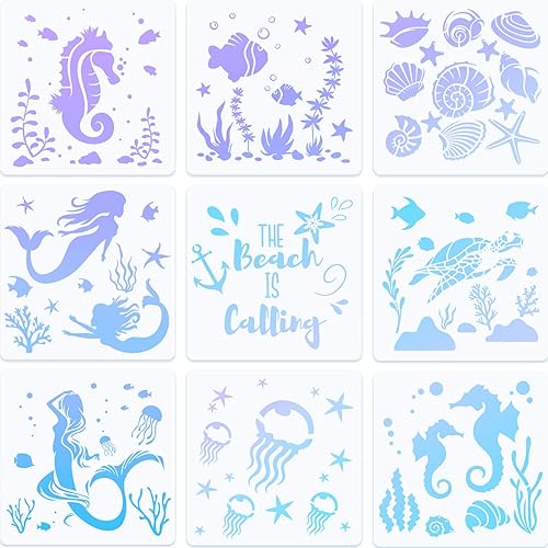 Zonon 9 plantillas de animales marinos de 8 pulgadas, plantillas de criaturas oceánicas para artes, pintura, tortuga, sirena, medusas, playa,