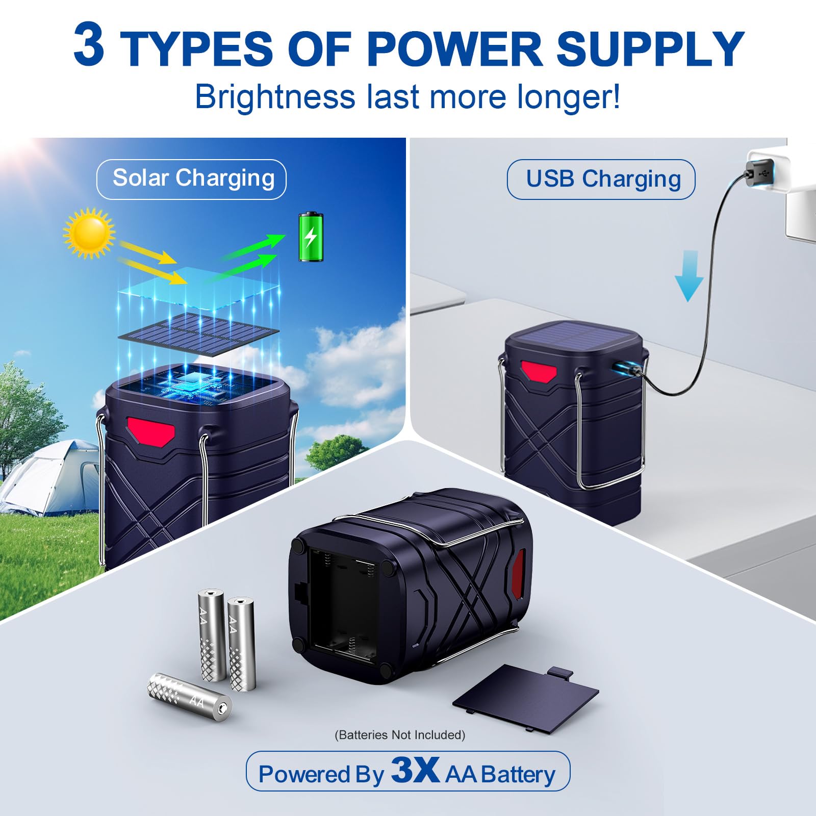 LETMY Confezione da 4 lanterne da campeggio, ricaricabili a LED, lanterne solari alimentate a batteria, con 3 vie alimentate e cavo USB per emergenze, interruzioni di corrente, blu navy