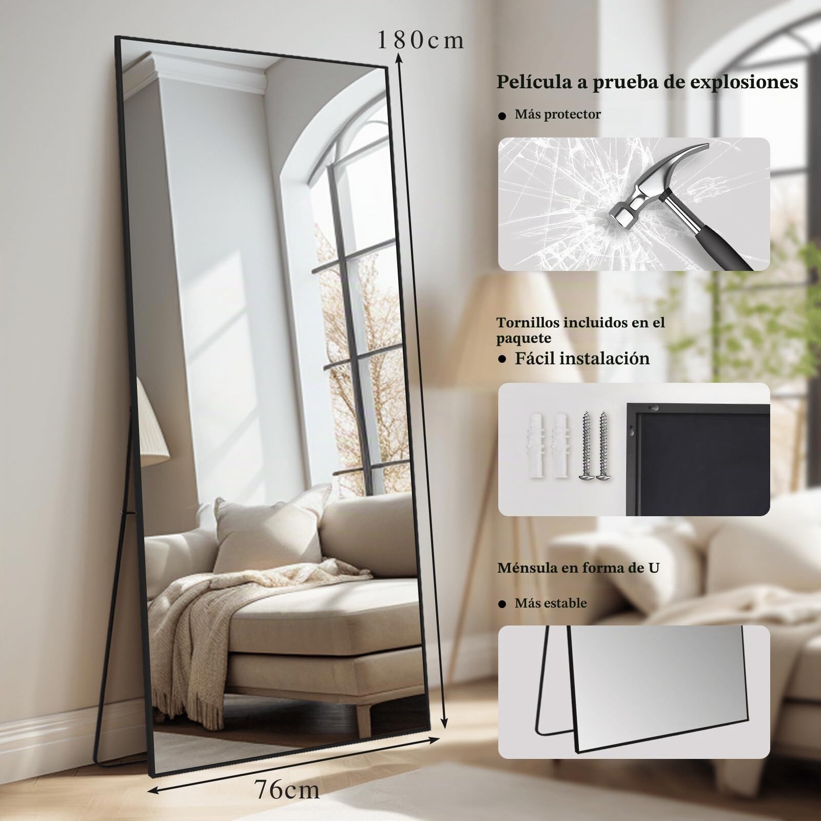 Espejos de Cuerpo Completo de Gran Tamaño Espejo Grande Independiente de Pie Espejo de Pared de Cuerpo Completo para Dormitorio, Sala de Estar y Entrada, Marco Rectangular Negro, 180x76 CM