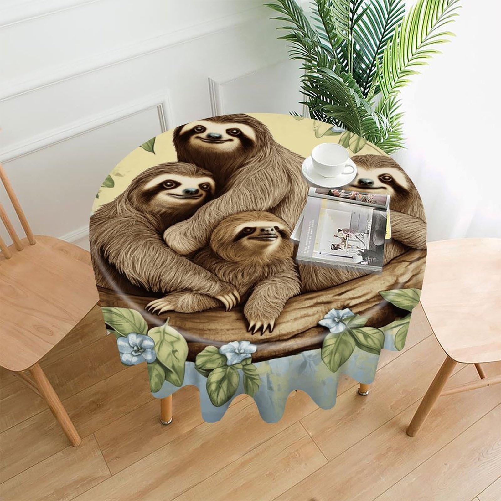 VstaDank Sloth Family Tablecloth Easy to Clean Polyester Round Table Cover Washable Round Table Cloth Wrinkle-Free Circle Decoration Tablecloth for Kitchen Dining Room 60"