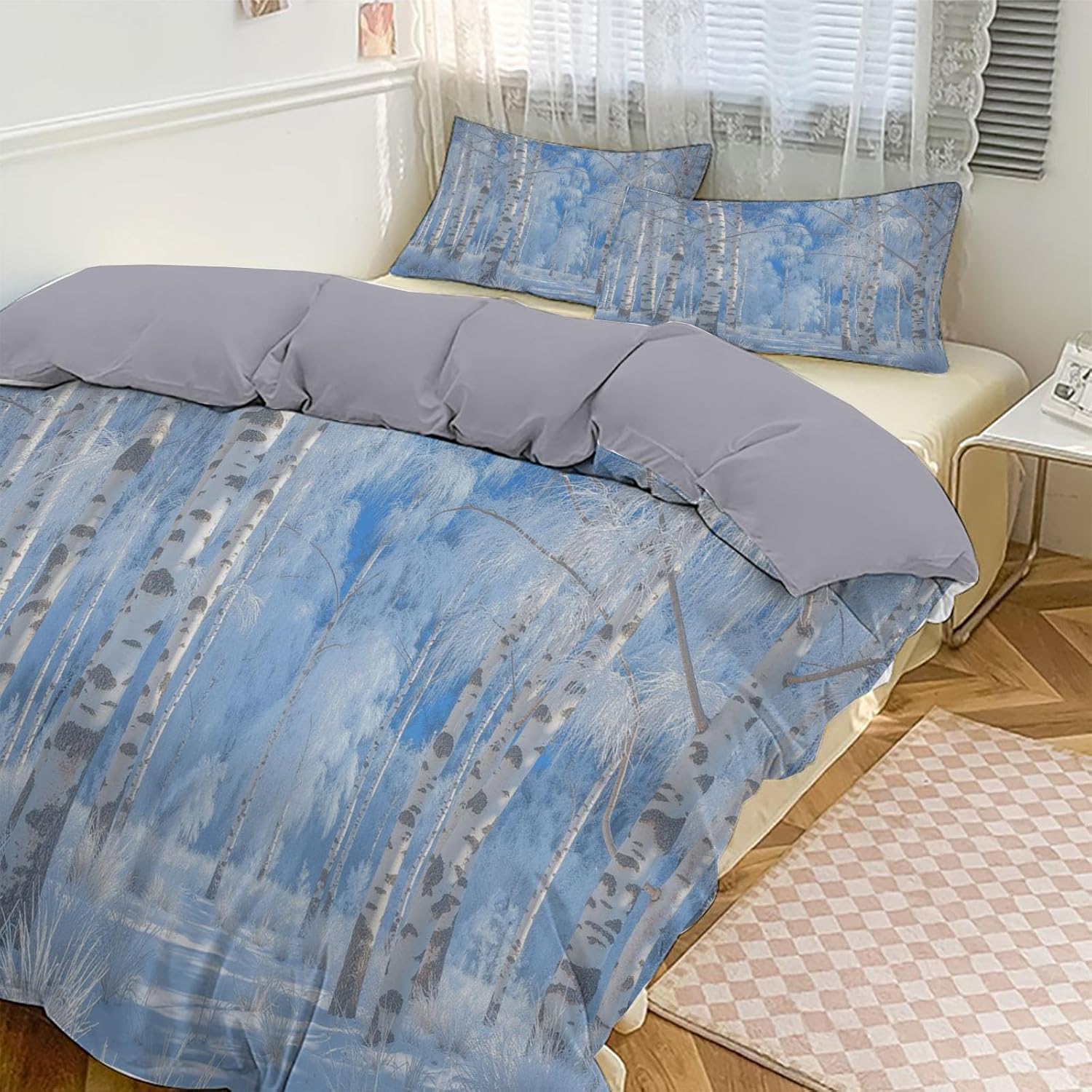 Poszwa na kołdrę Łóżko 135/150 Krajobraz Las 3D Poszewka na kołdrę Zima 240 x 220 cm, lekka i wygodna pościel z mikrofibry z zamkiem błyskawicznym i 2 poszewkami na poduszki Łatwa w pielęgnacji M/7377
