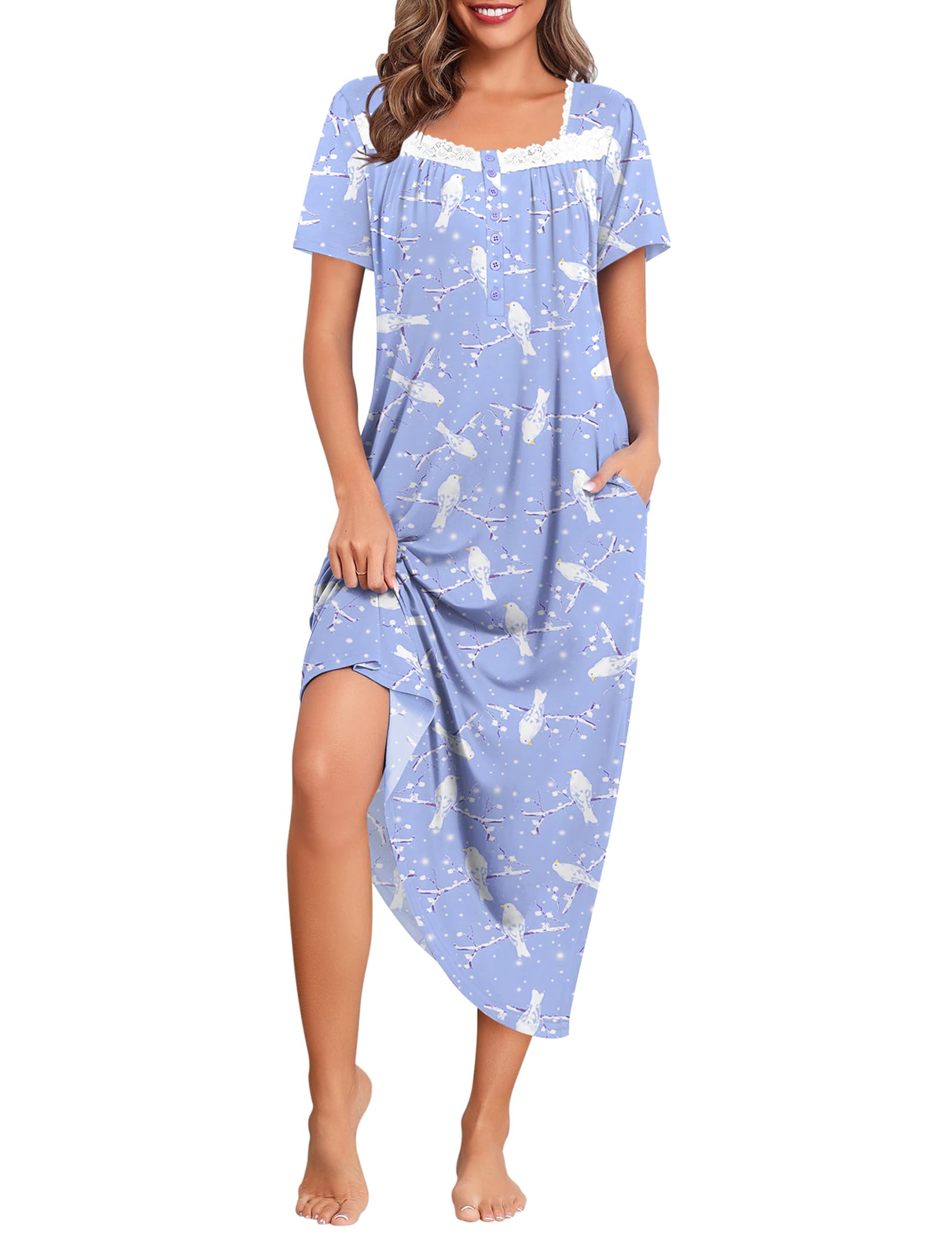 Ekouaer Ladies Long Nightgowns Short Sleeve Breathable Sleepwear