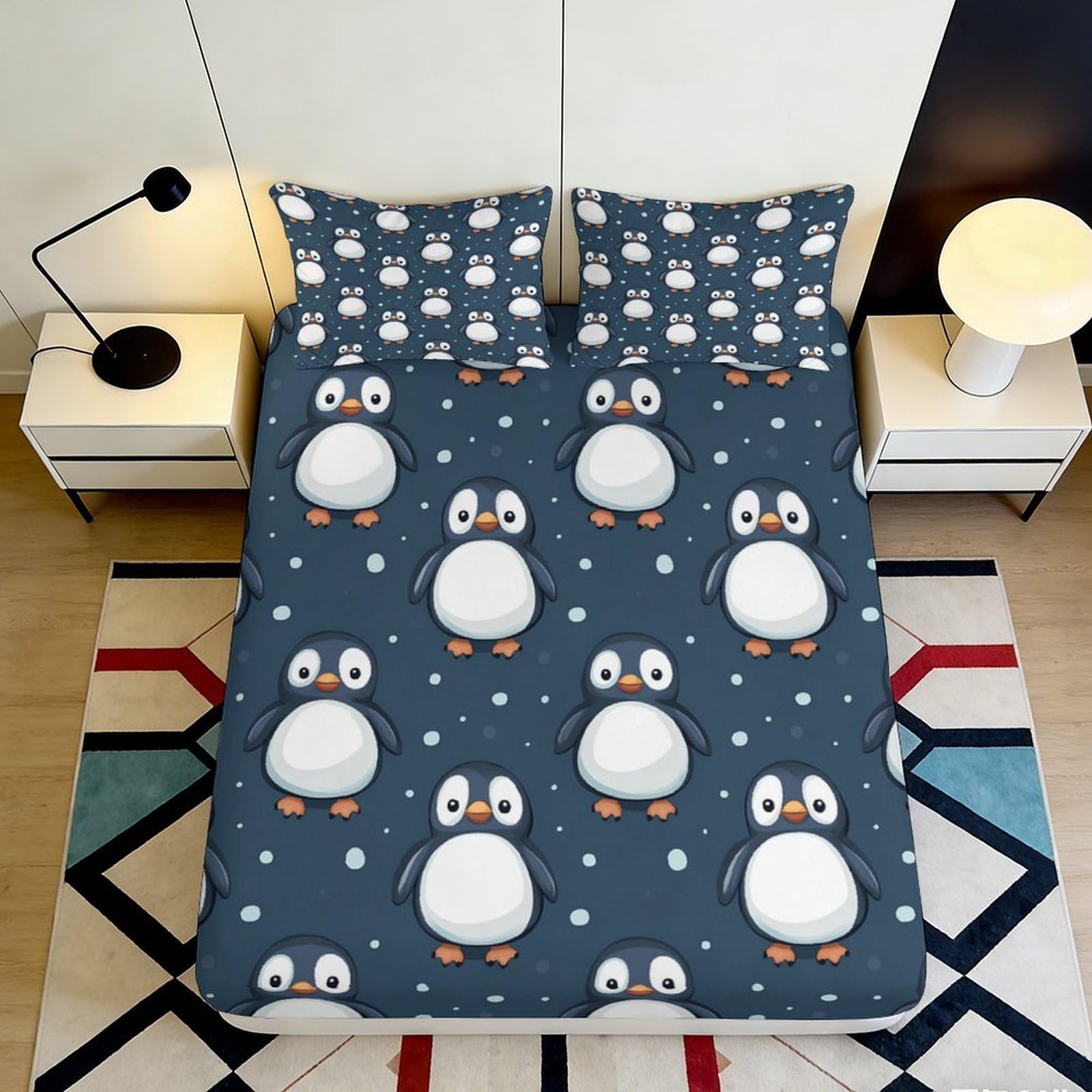 3D Printed Cartoon Penguin Fitted Sheet Microfiber Anti-Slip Mattress Cover for Bedroom Dorm Easy Care Dark Blue Bedding Decor 90x200x25cm