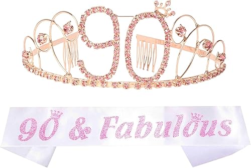 MEANT2TOBE Banda y tiara de cumpleaños número 90 para mujer  Fabulosa banda con purpurina + tiara de metal de alta calidad con diamantes de