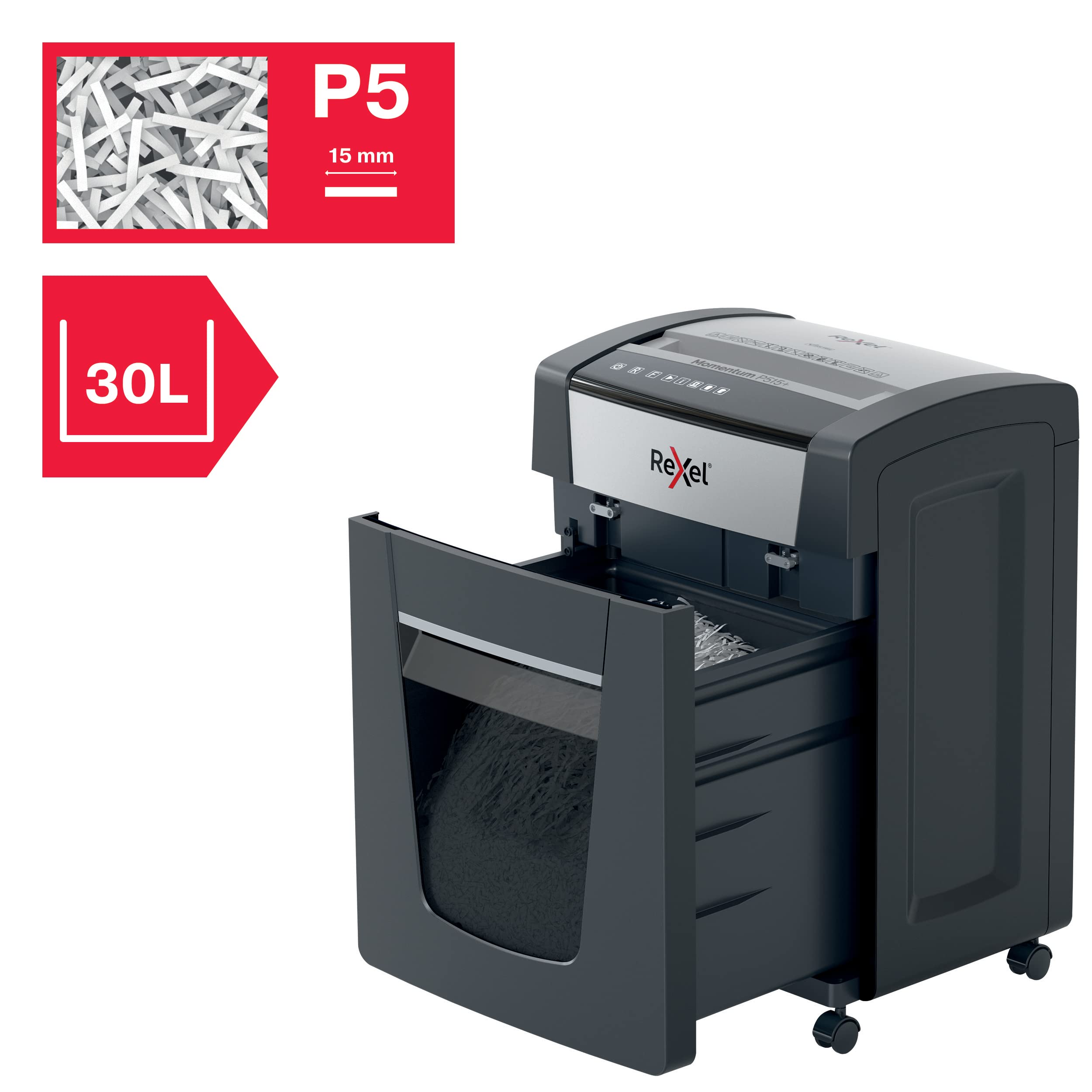 Rexel, Niszczarka do Papieru Rexel Momentum Extra P515+, do Biura, Tnie na Mikrościnki do 15 kartek (80 gsm), P-5, Pojemnik na Ścinki 30l, Technologia Zapobiegania Zacięciom, Kolor Czarny (2021515MEU)