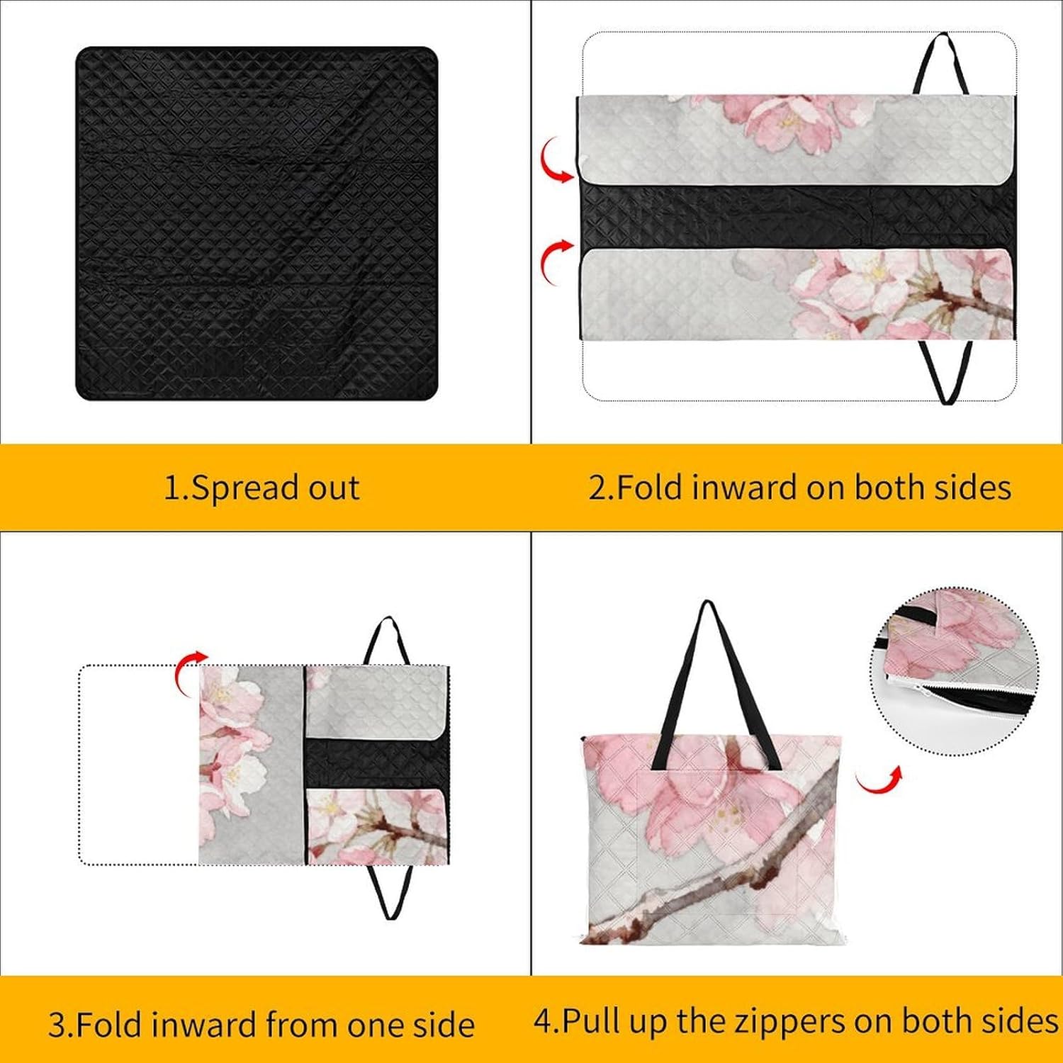 Flower Pink Picnic Blanket with Zipper Water Resistant Sand Free Picnic Mat Washable Foldable Easy Carry Beach Blanket for Lawn Beach Hiking Camping