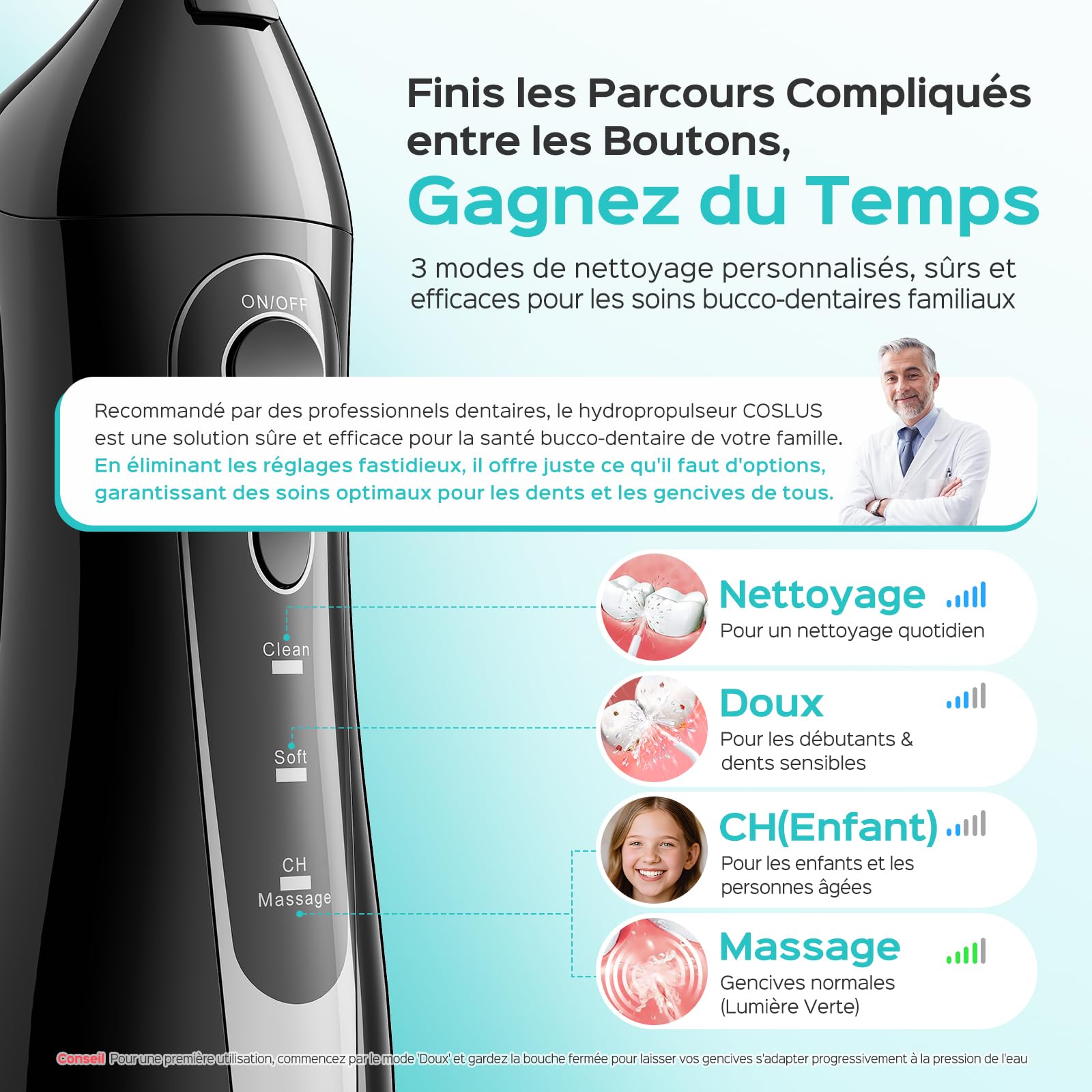 COSLUS C20 Jet Dentaire Hydropulseur Portable 300 ML Sans Fil Irrigateur Dentaire Hydropulseur Dentaire Double Débit d'eau Water Oral Flosser Étanche IPX7 Pour La Maison et Les Voyages Noir