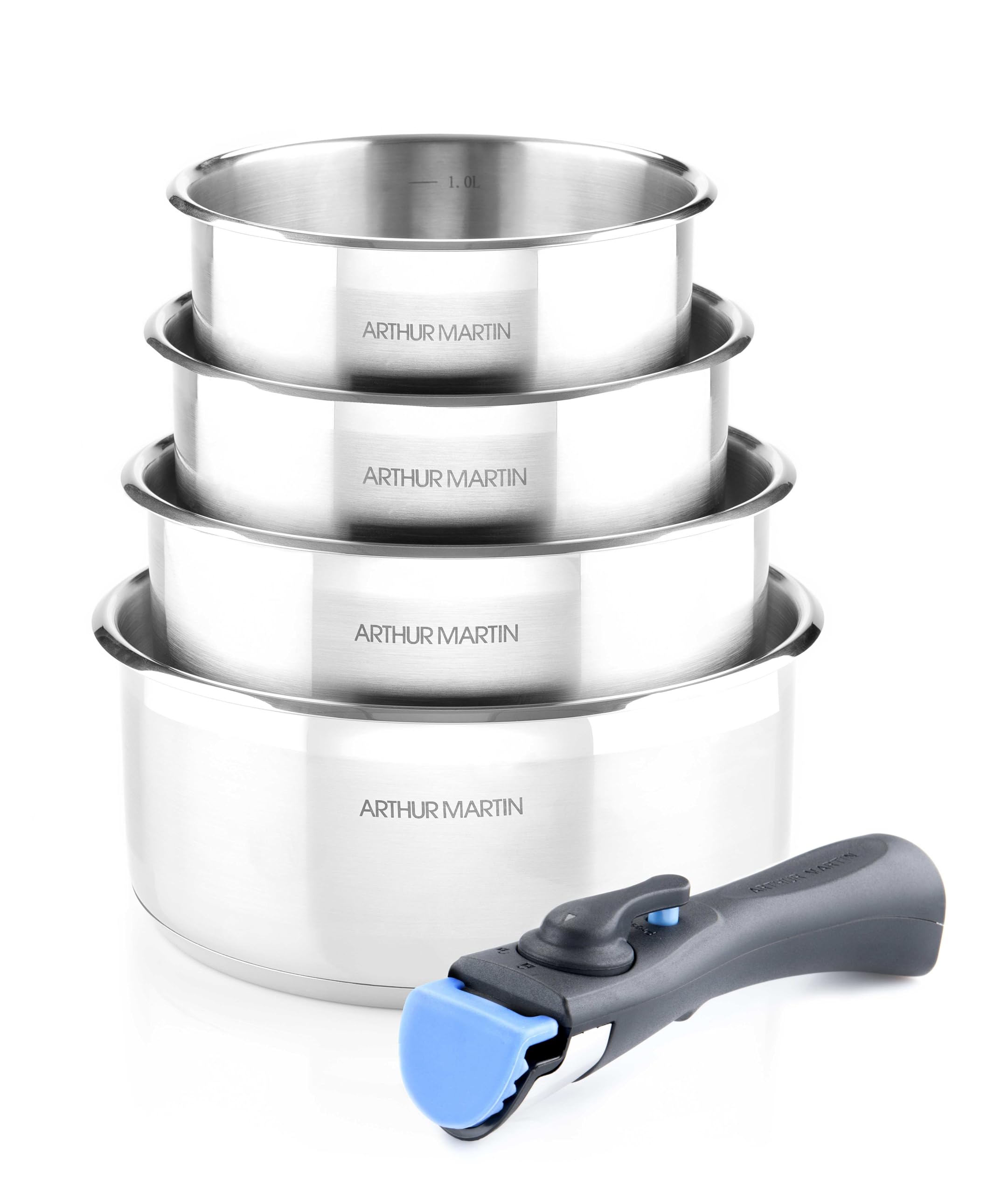 ARTHUR MARTIN - Batterie De Cuisine Inox 9 Pièces - 5 Casseroles Ø Variés - 2 Manches Amovibles - Couvercles Verre Ergonomiques - Compatible Induction - Ensemble Pratique Et Compact