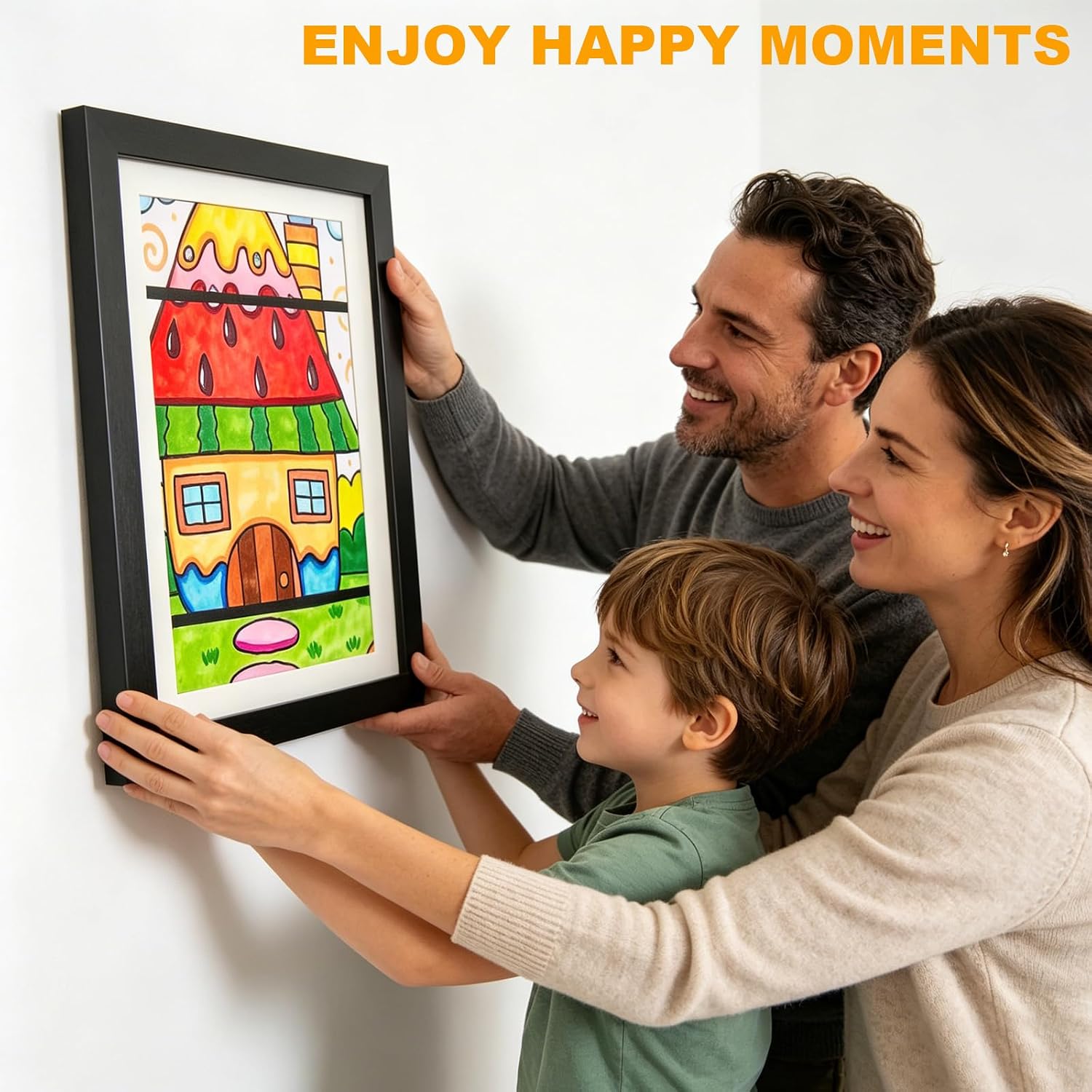 2 Pack Kids Artwork Frames Front Opening - Changeable Kids Art Frame 8.5x11 with Mat 10x12.5 without Mat, Kids Art Storage Frame Display with 24-Color Pencils & Damage-Free Reusable Hanging Strips - Black