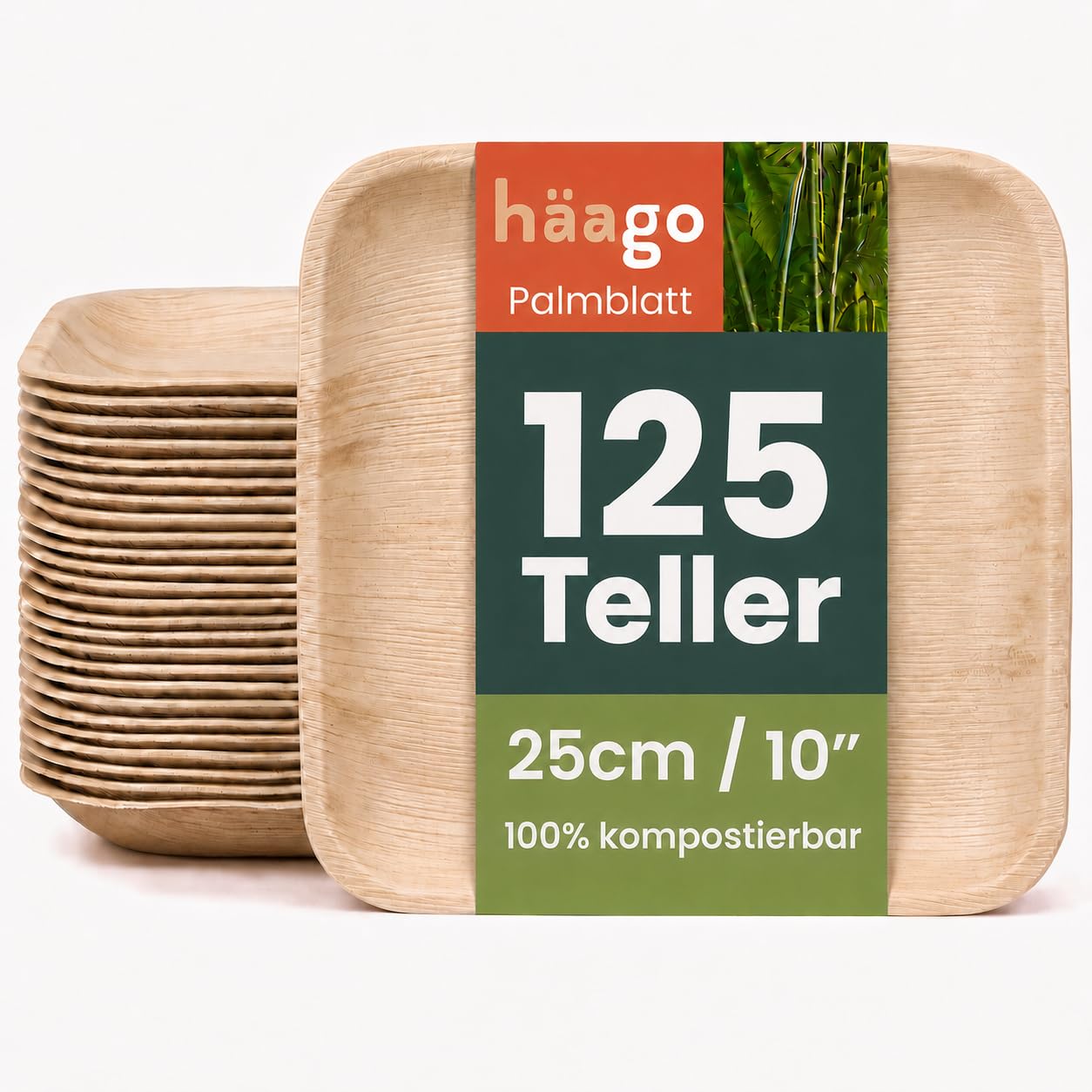 HAAGO 125 Square Eco-Friendly Palm Leaf Plates - Disposable & Compostable Like Wooden & Bamboo Dinner Plates for Hot & Cold Food, Microwave & Freezer Safe - 25cm/10 Biodegradable Plate