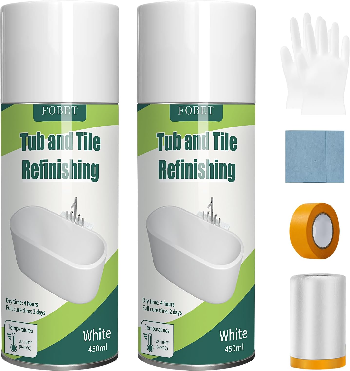 Tub and Tile Spray Paint 450ml (Pack of 2), Bathtub Refinishing Kit, Refinish the Surfaces of Porcelain, Ceramics, Fiberglass, DIY Resurfacing Countertop Sink Reglaze Bathroom Kitchen