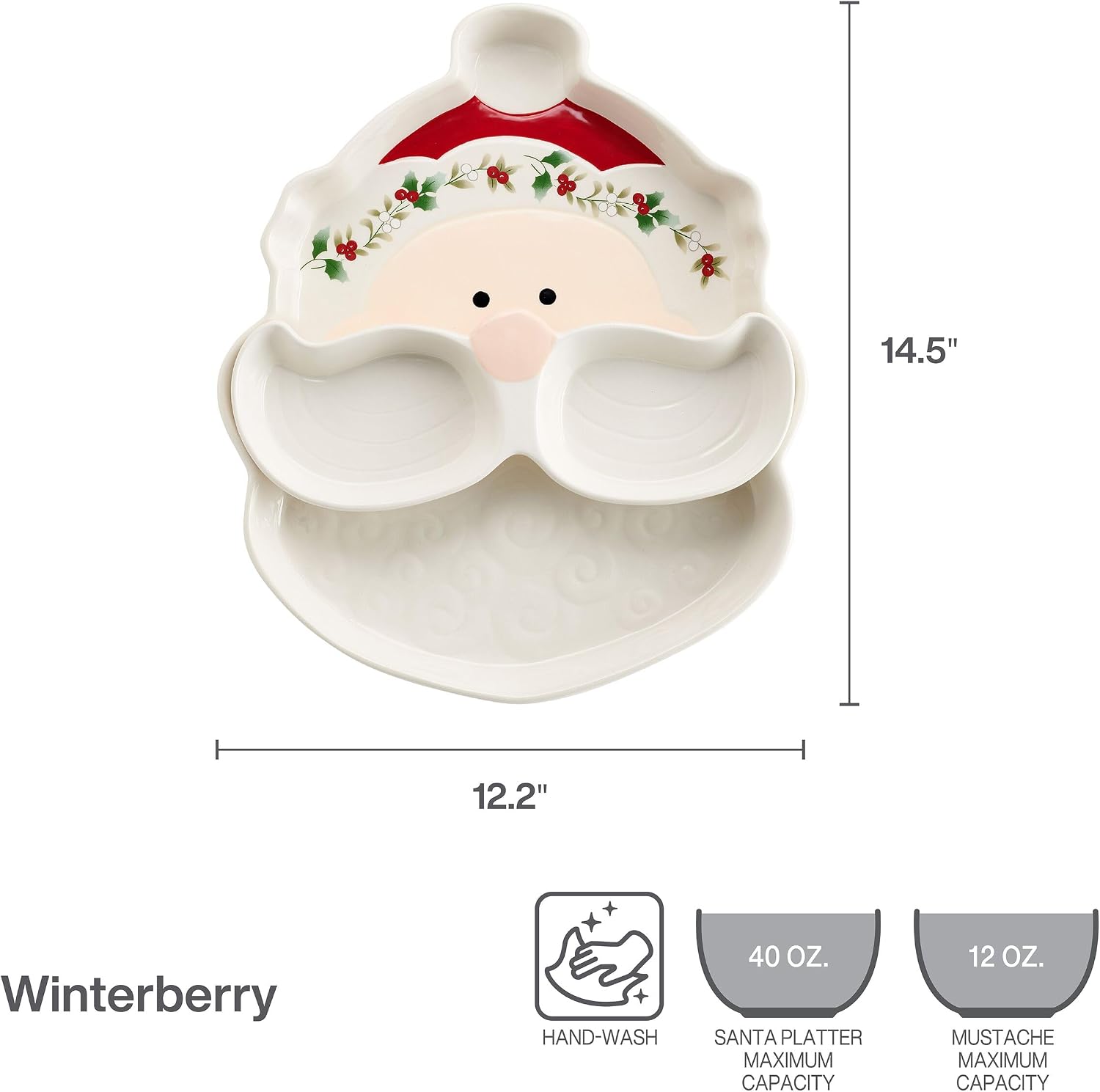 Pfaltzgraff Winterberry Santa Platter Tray with Dip Bowls, 12 Inch