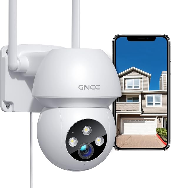 GNCC Security Camera Outdoor Indoor, 2.4G WiFi CCTV Camera, 360°PTZ Auto-Track Colorful Night Vision Home Security Camera, IP66 Waterproof, APP Remote Control, Two Way Audio, Support Alexa (K1)