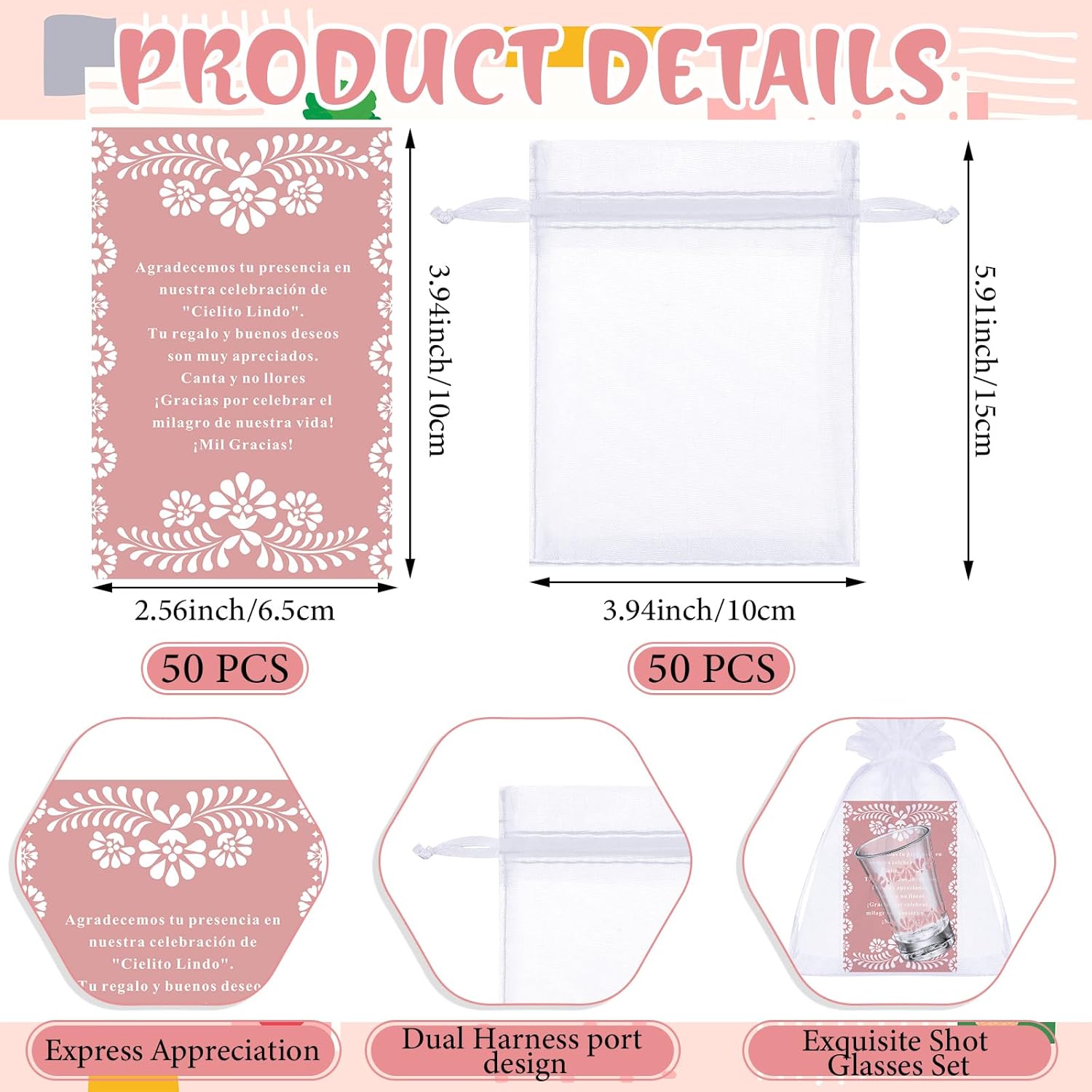 50 Sets Cielito Lindo Baby Shower Favors Shot Glasses for Guests Bulk 1.5oz Recuerdos Para Boda Wedding Shot Glass Thank You Card Bag for Guest Talavera Bridal Baby Shower(Pink)