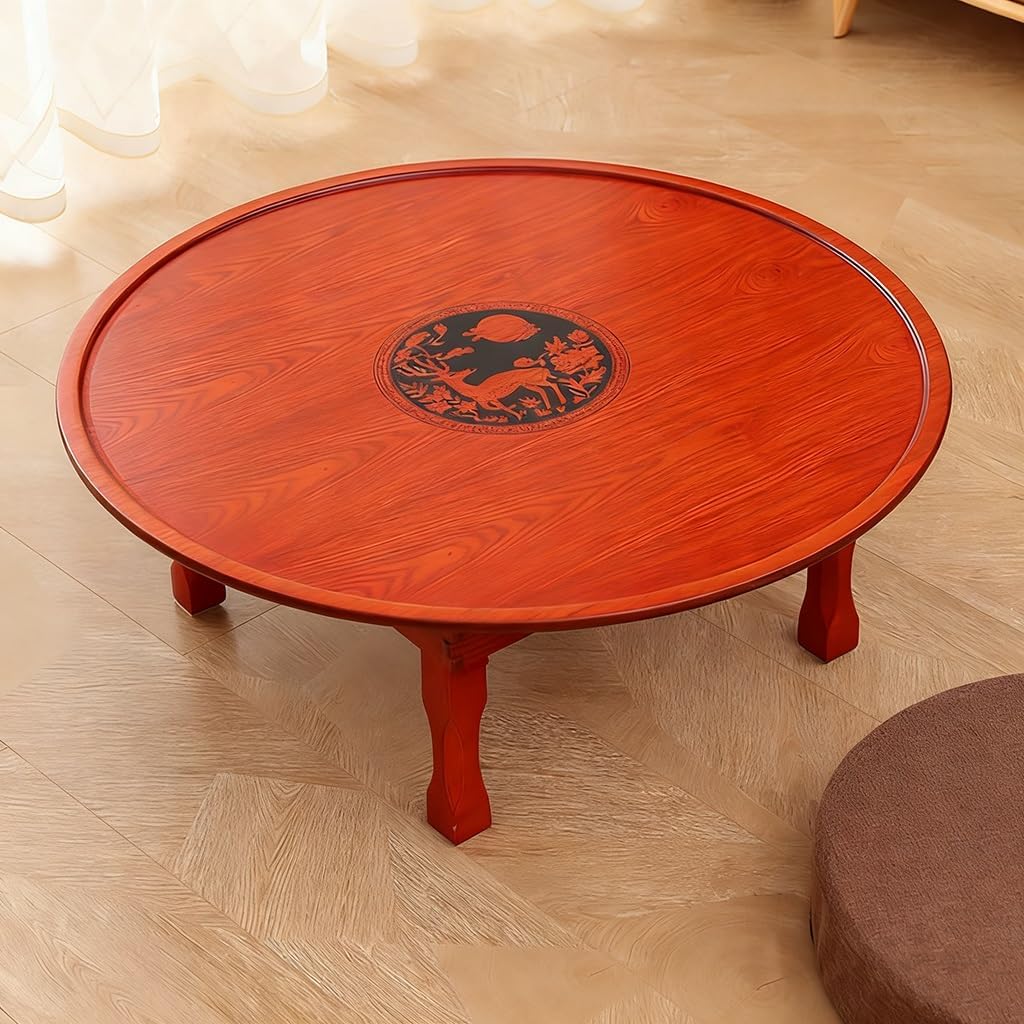 Folding Coffee Table, Rustic Wood Floor Round Table with Chinese Lucky Deer Pattern, Portable Low Dining Tables for Tatami, Living Room, Bedroom, Picnic, Red Brown (Size :70CM/27.6IN)