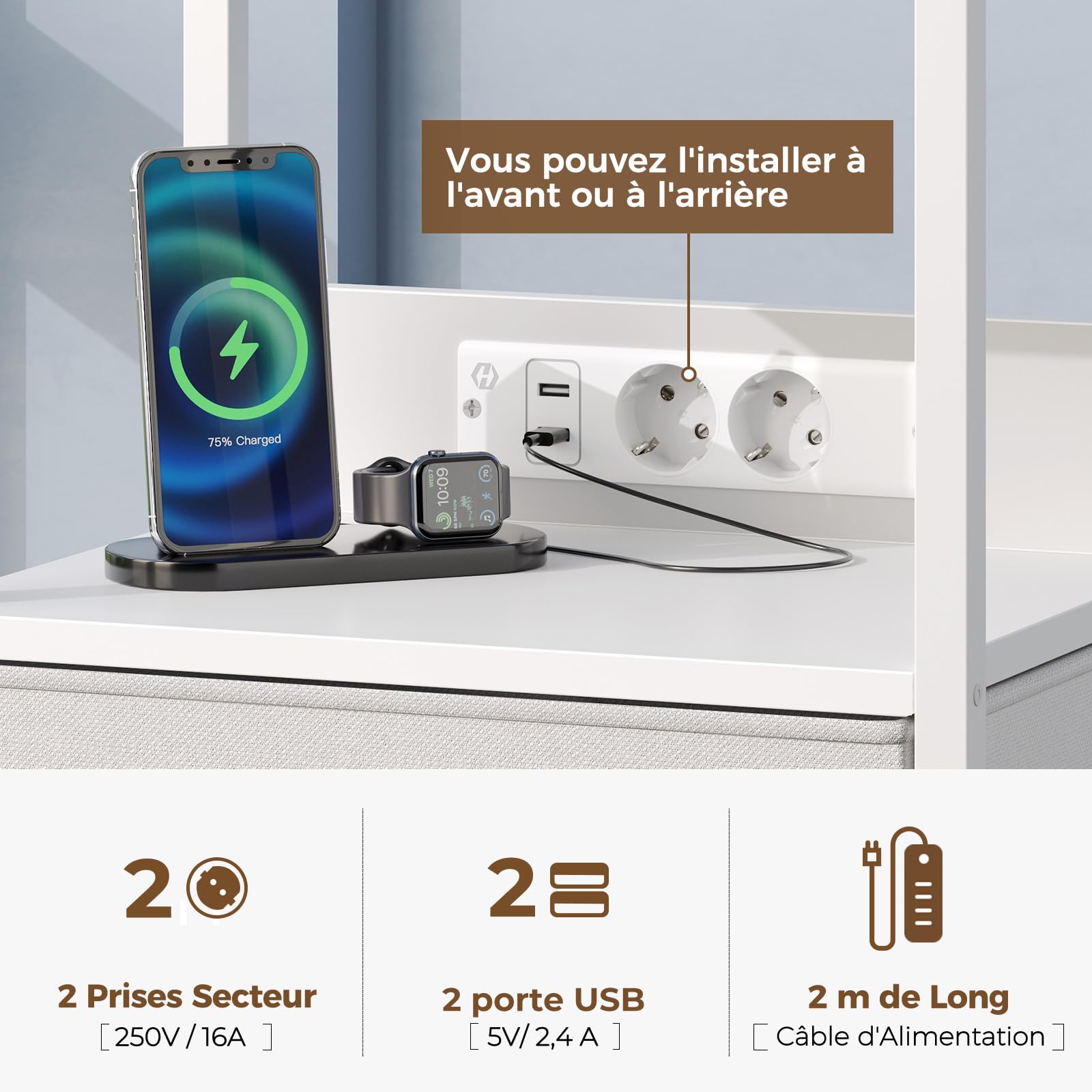 Rolanstar Table de Chevet Moderne avec LED, Prise et USB, 2 Tiroirs de Rangement, Table de Nuit Idéale pour Chambre, Salon ou Bureau – Blanc, 1 Pièce