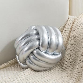 Handmade Round Knot Ball Pillow Plush Cushions Knotted Pillow Bedroom Decor Plush Knot Small Size 8Inch Silver