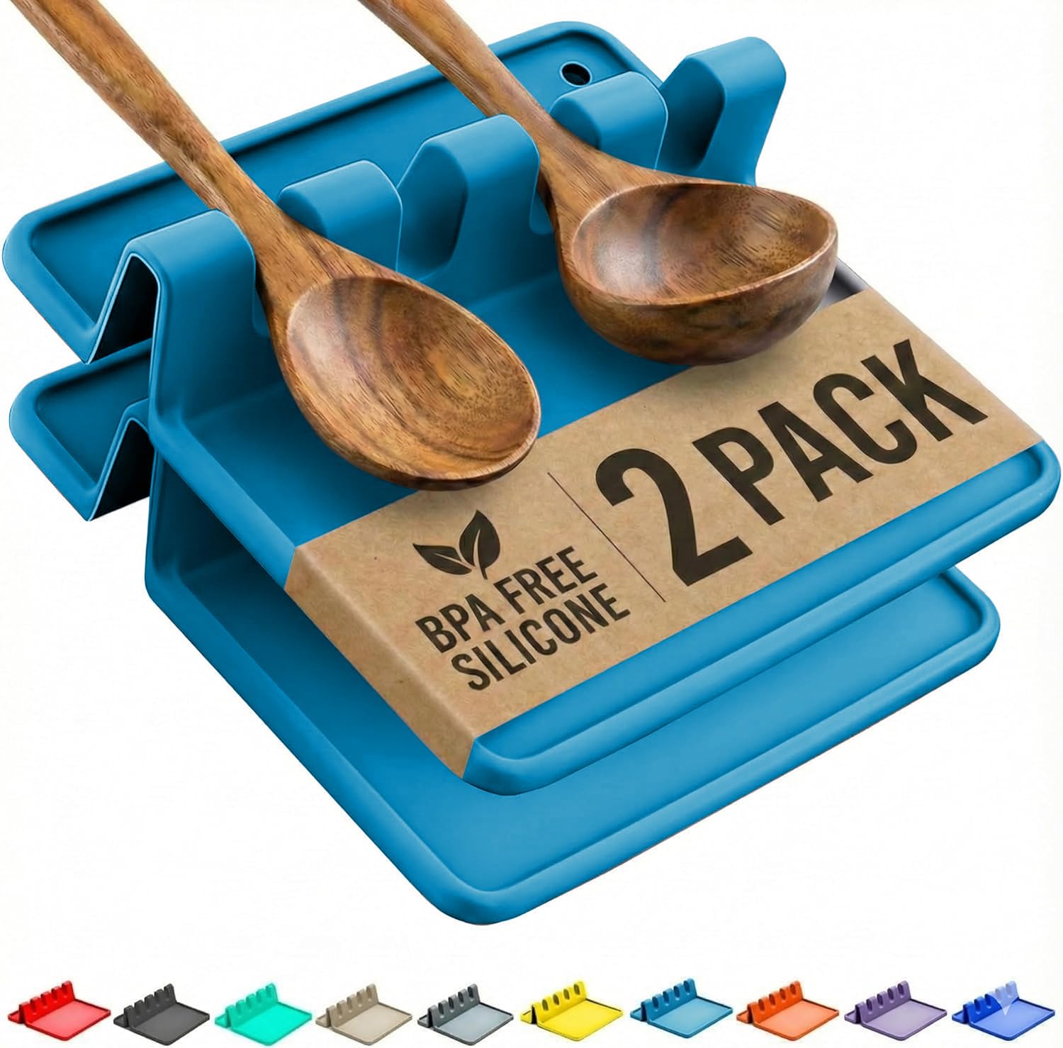 2 Pack Light Blue Silicone Spoon Rest for Stove Top Kitchen Spoon Holder Set