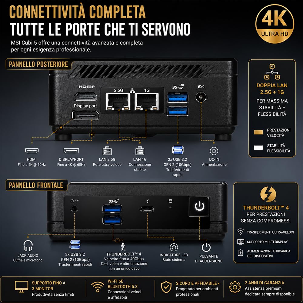 msi Cubi 5 Mini PC Fanless Intel Core 5 120U 16GB DDR5 SSD 256GB PCIe | Fino a 5GHz, Wi-Fi e Bluetooth, Doppia LAN, HDMI, USB-C, DisplayPort, Supporto 2 monitor, preconfigurato. Garanzia Italia
