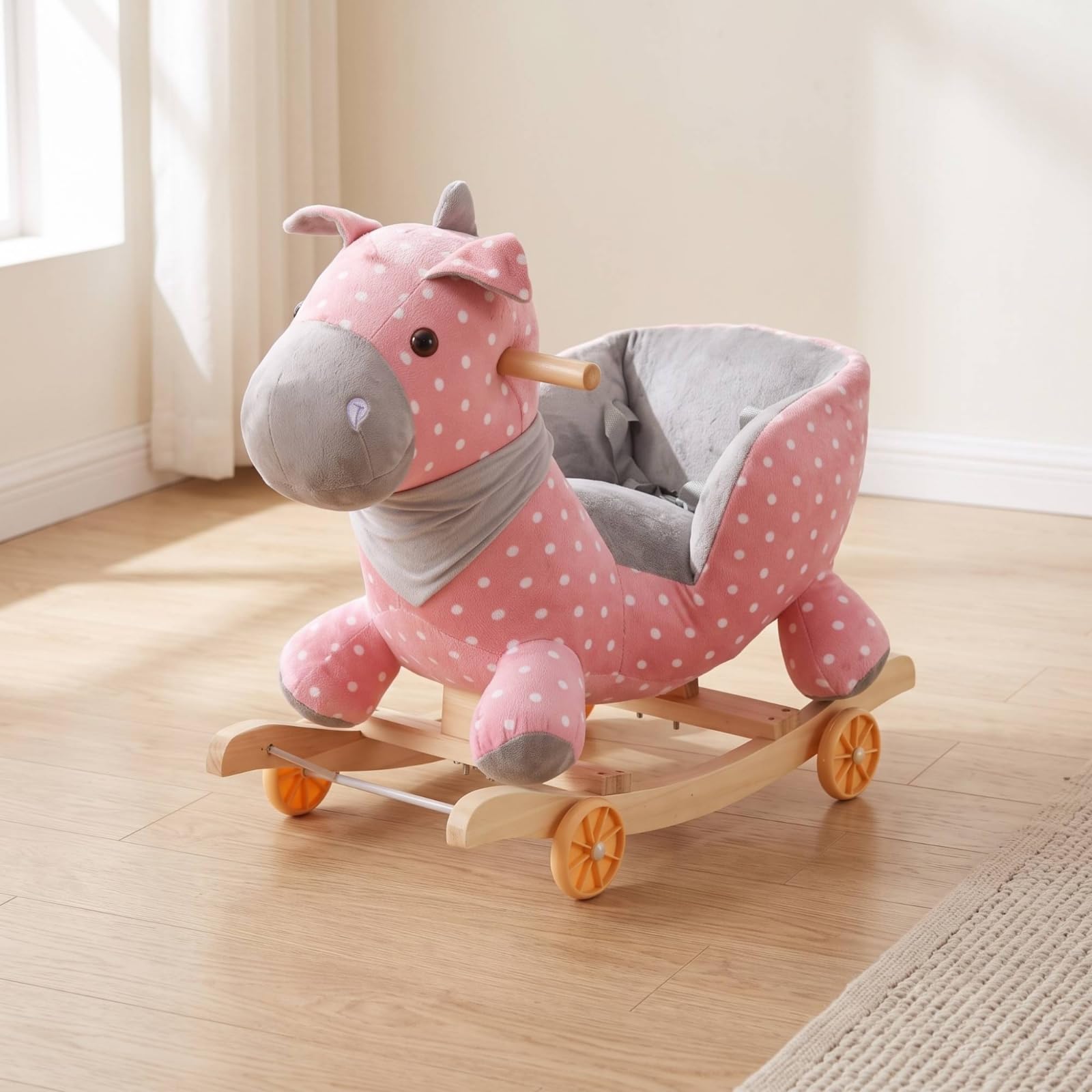Cavallo a Dondolo con Ruote Morbido Cavalluccio a Dondolo Felpato Robusto Giocattolo per Bambini, Cameretta, color to 2, 60 28 50CM