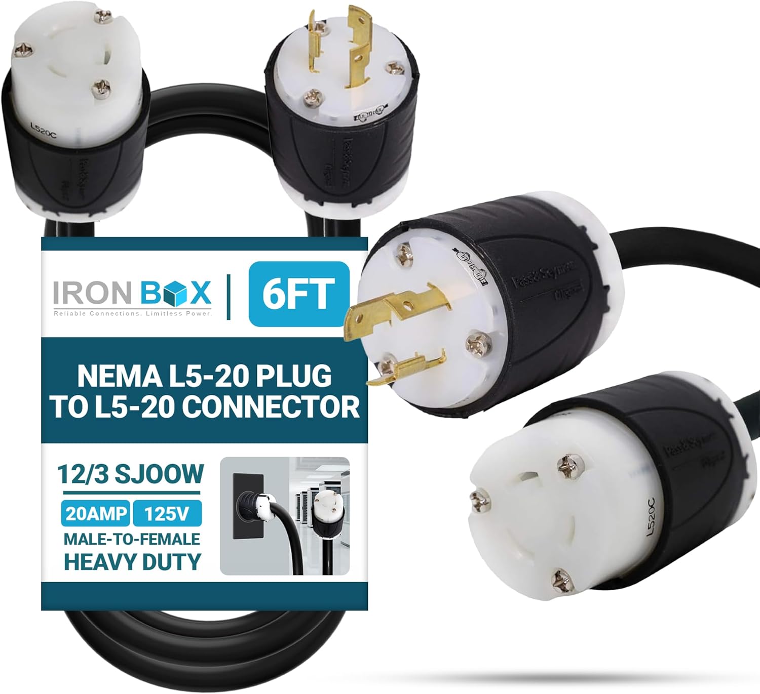 IronBox Electric NEMA L5-20 Plug to L5-20 Connector - 20A, 125V, 12/3 SJOOW - UL Listed Twist Lock Power Adapter - Heavy Duty Extension Cord for Generator, RV, Data Centers, PDU & More (15ft, Molded)