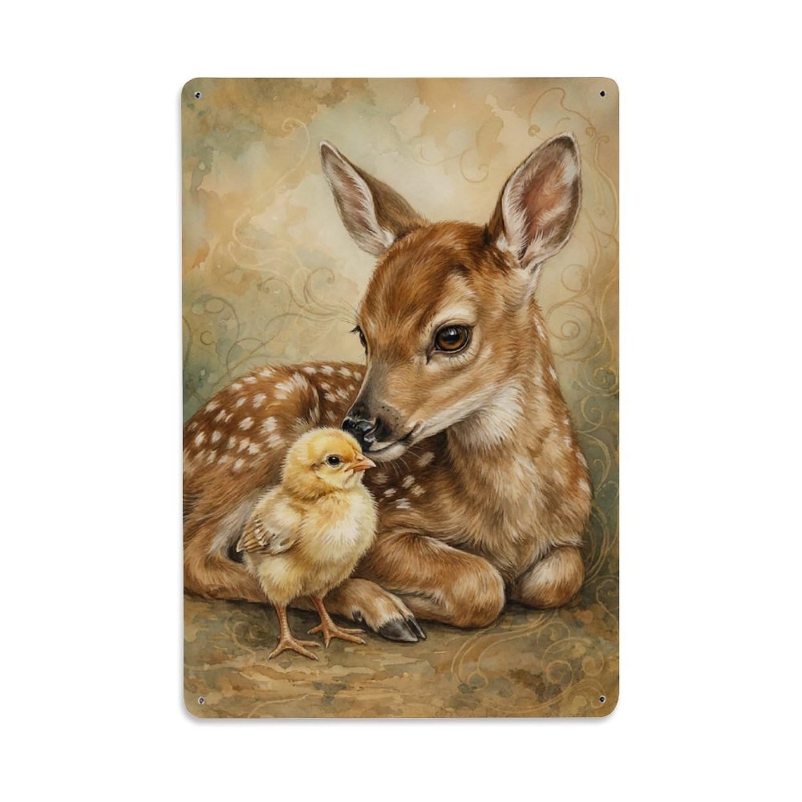 Vintage Animal Cute Fawn & Chick Animal Friendship Metal Tin Sign