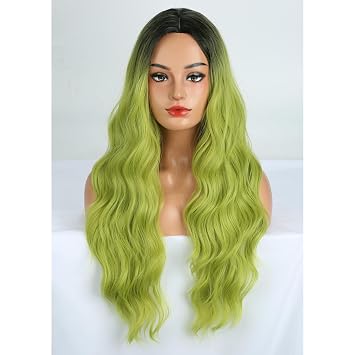 MAGQOO Matcha Green Wig for Women Girls Dark Roots Long Curly Wavy Black Green Wigs Middle Part Synthetic Heat Resistant Halloween Cosplay Costume Party Daily Use